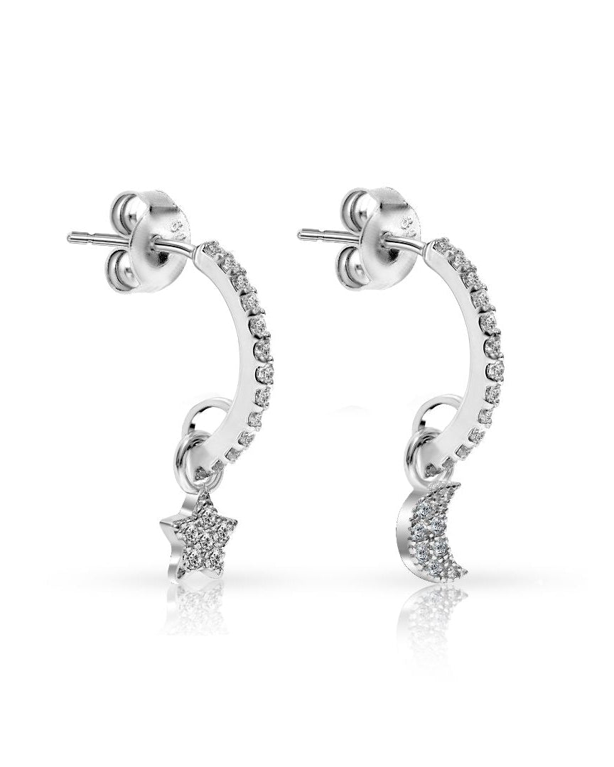 Half Moon Stud Earrings Sterling Silver Moon & Star Drop Earrings