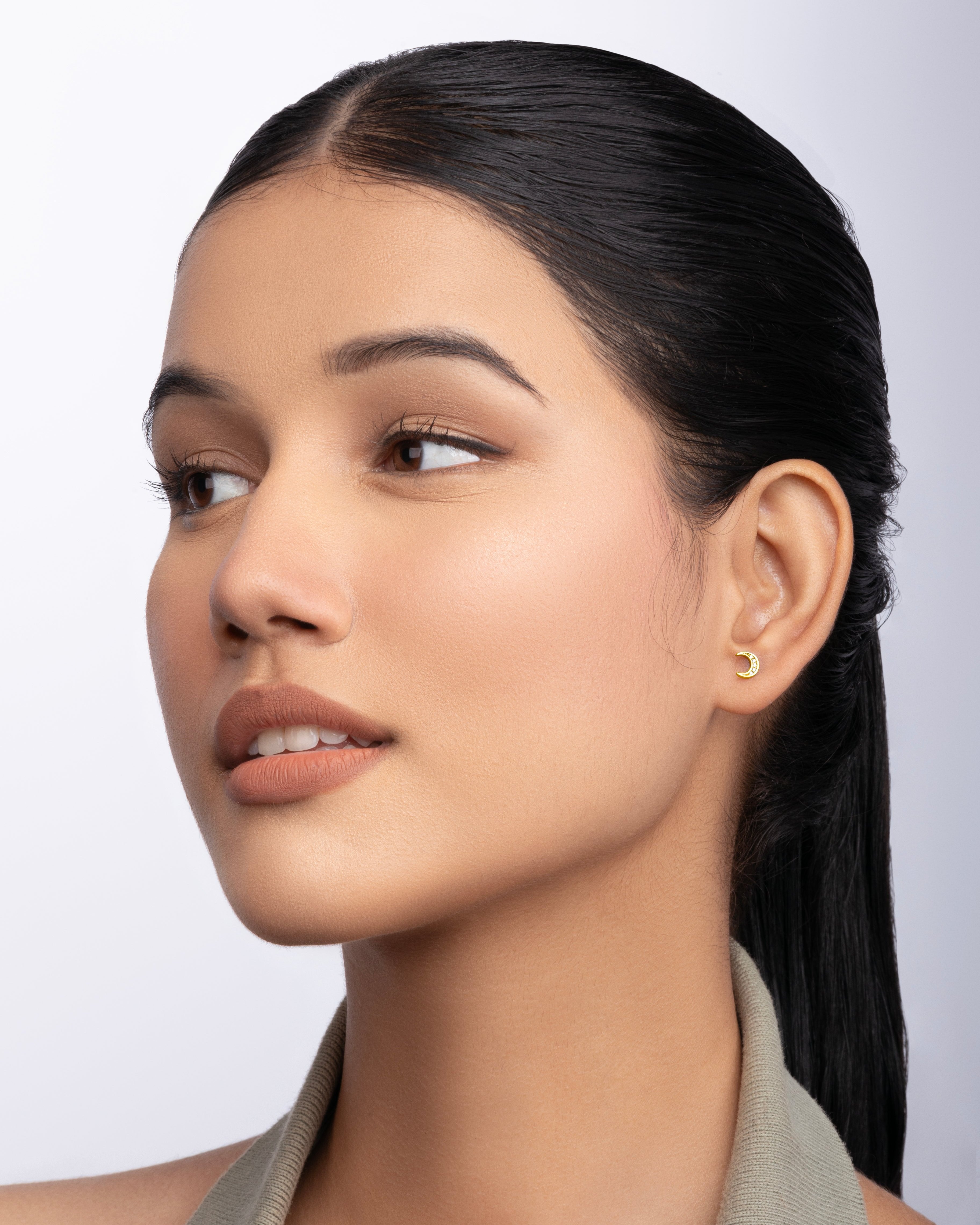 Zirconia Crescent Moon Studs Earrings