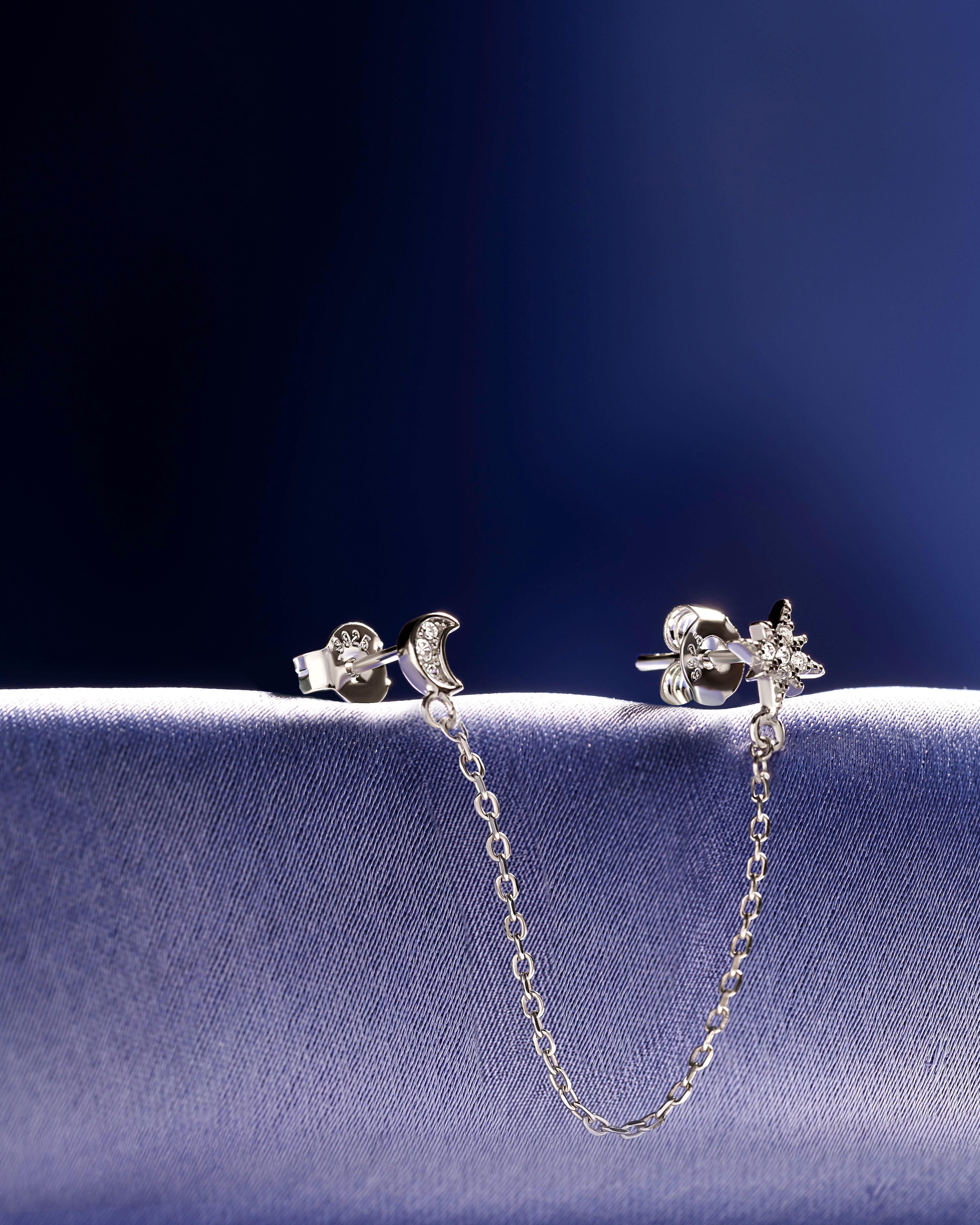 Moon Star Zirconia Connector Chain Earrings