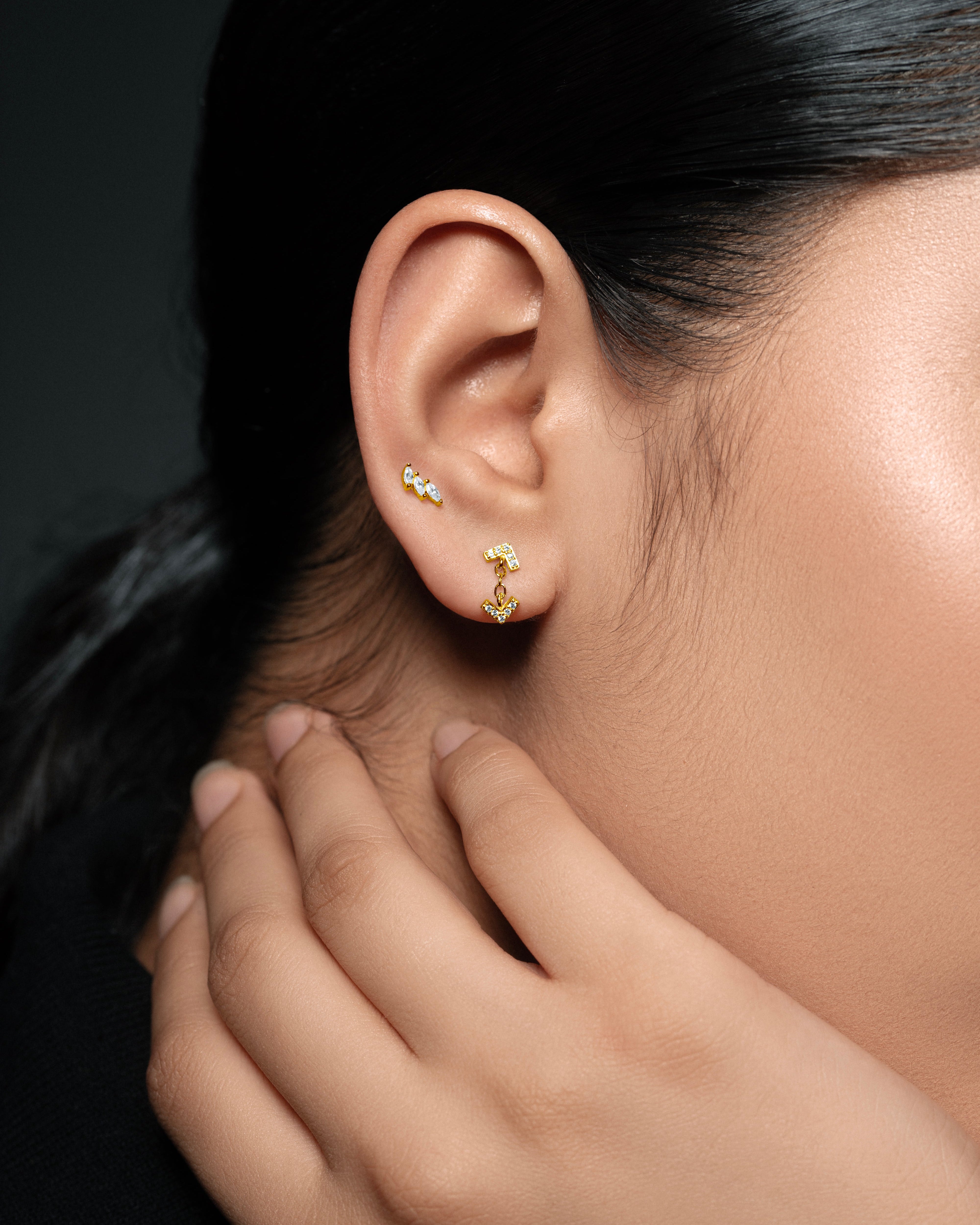 Tri Marquise Stone Climber Stud Earrings