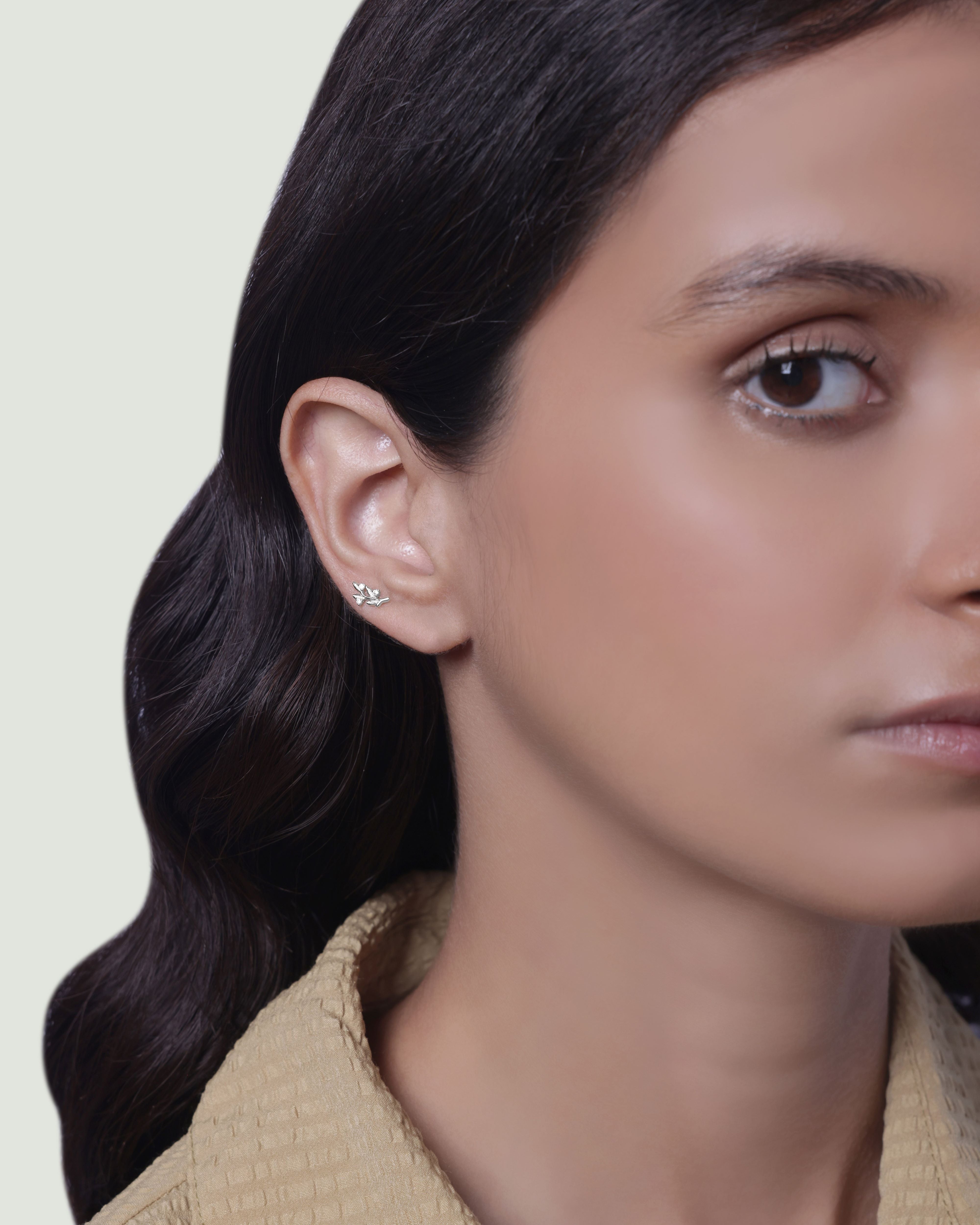 Leaflet Sparkle Flatback Stud Earrings - Silver