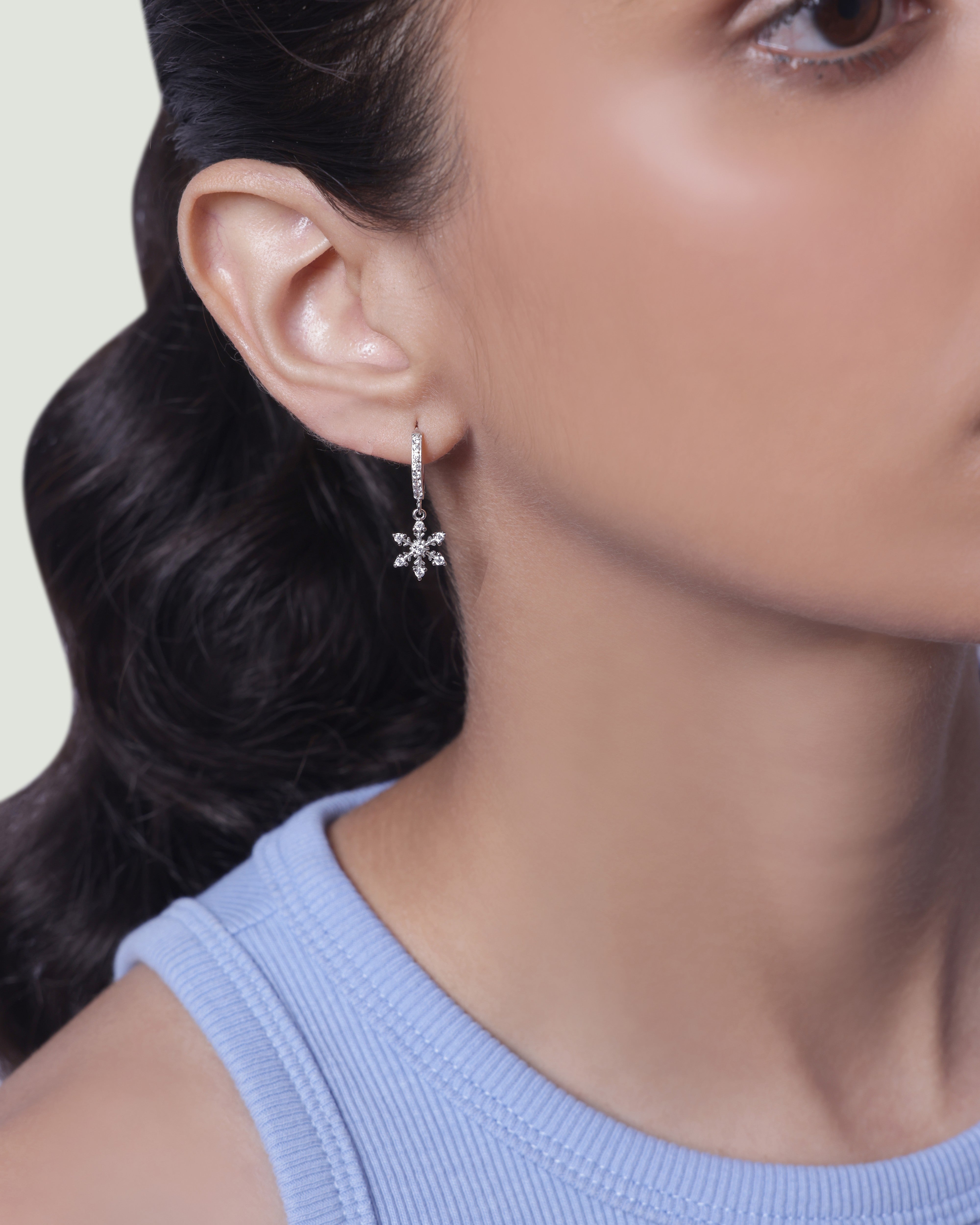 Minimal Snowflake Charm Hoops Earrings