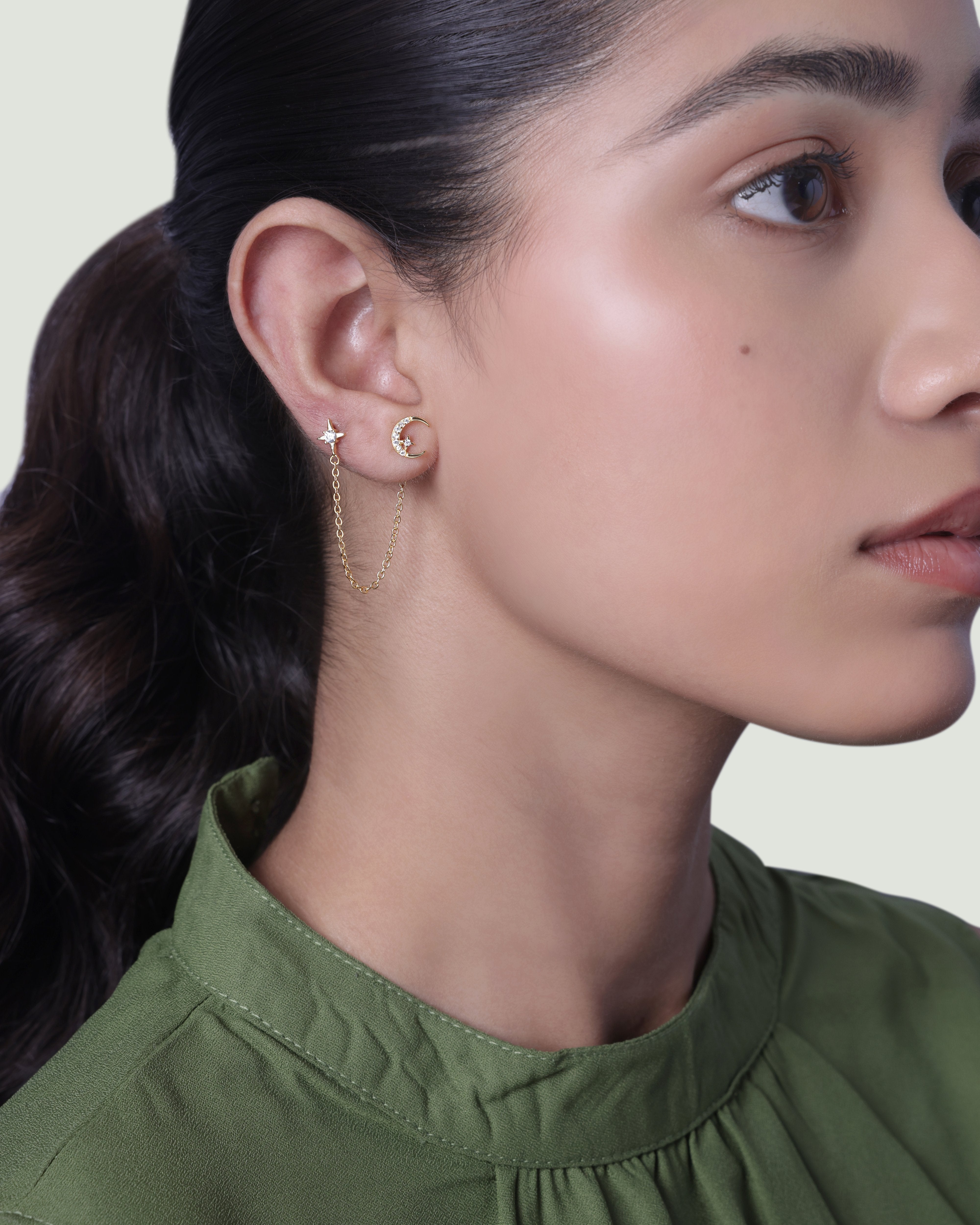 Moon Star 3 In Connector Chain Earrings