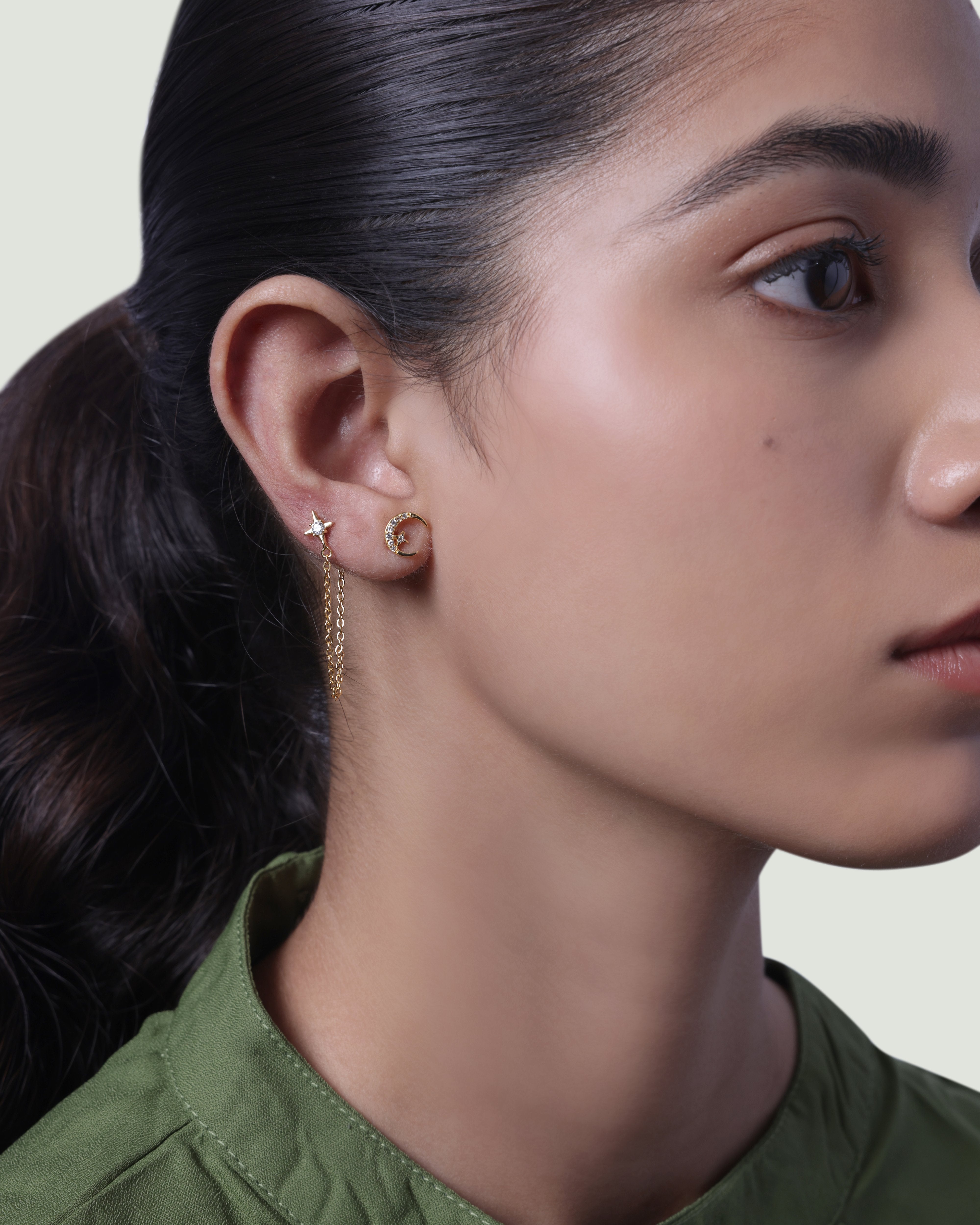 Moon Star 3 In Connector Chain Earrings