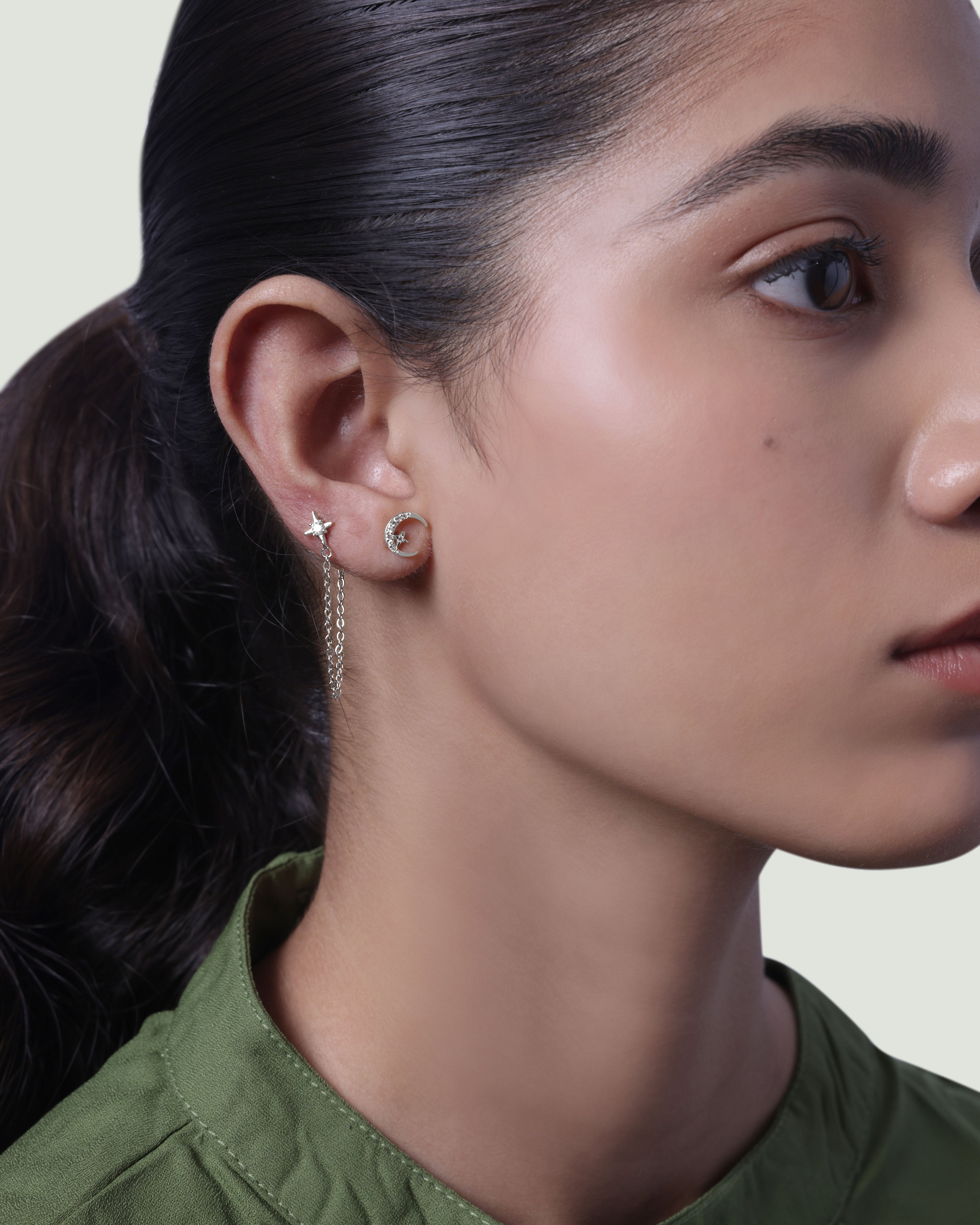 Moon Star 3 In Connector Chain Earrings