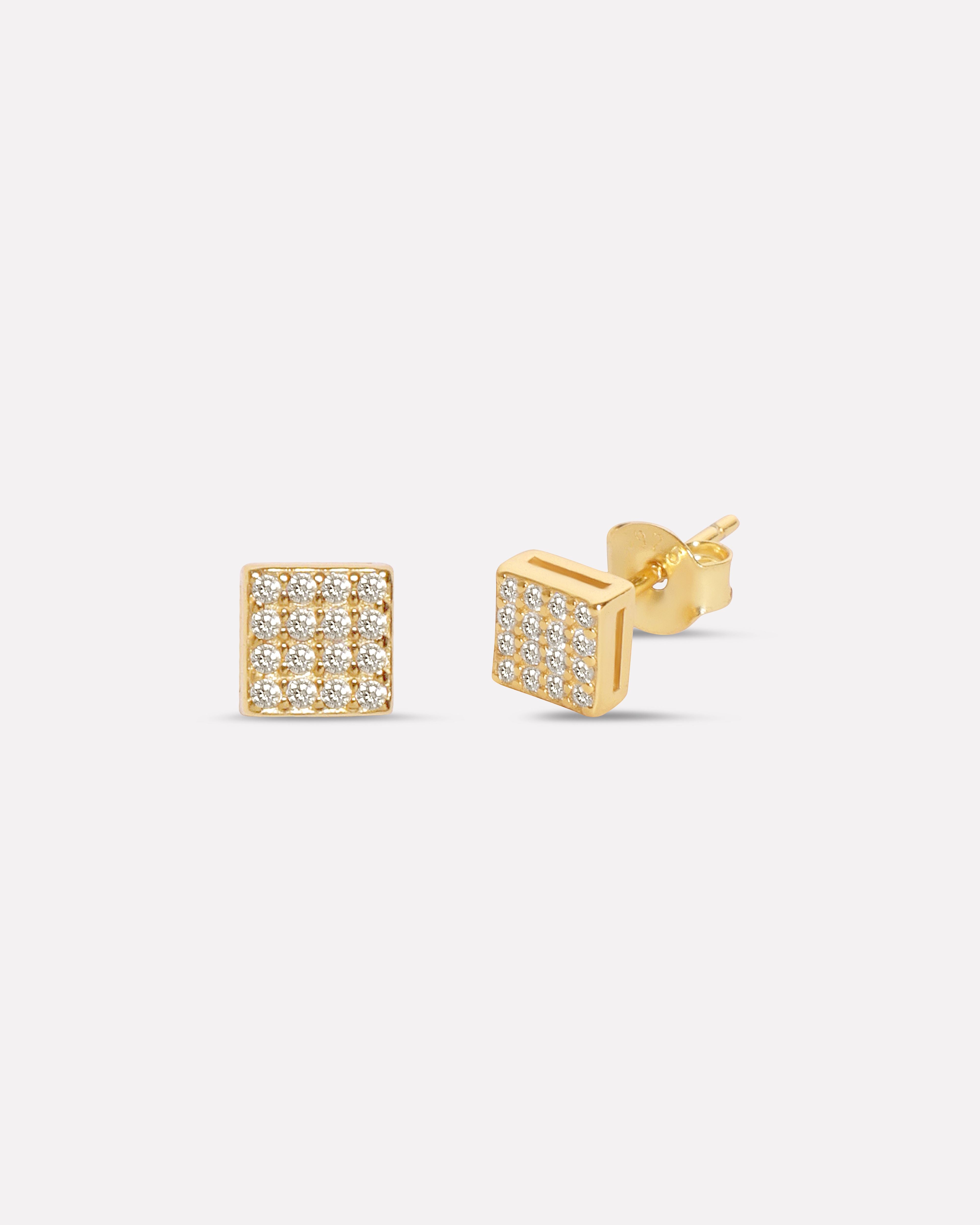 Square Solitaire Gold Plated  Stud Men's Earrings