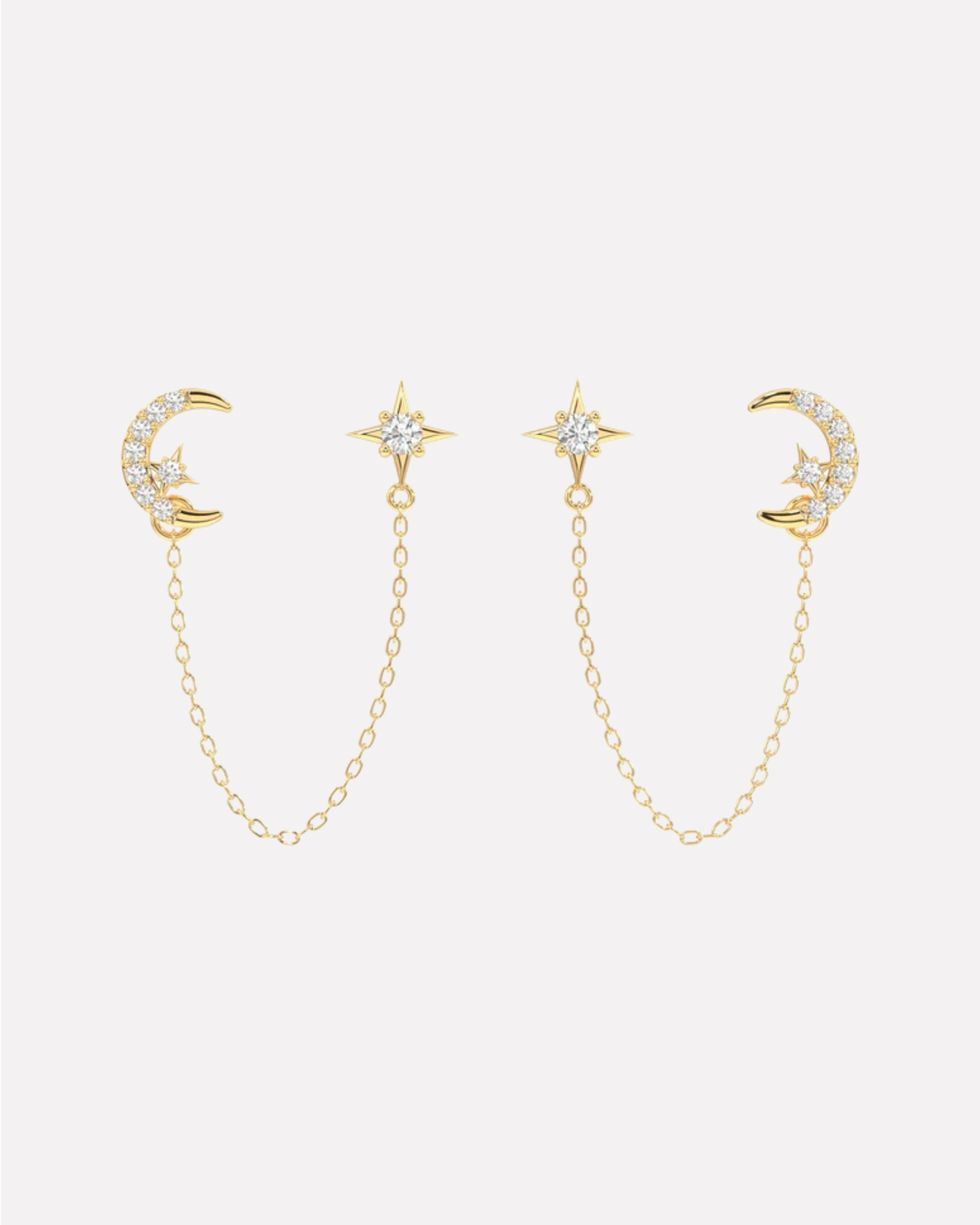 Moon Star 3 In Connector Chain Earrings
