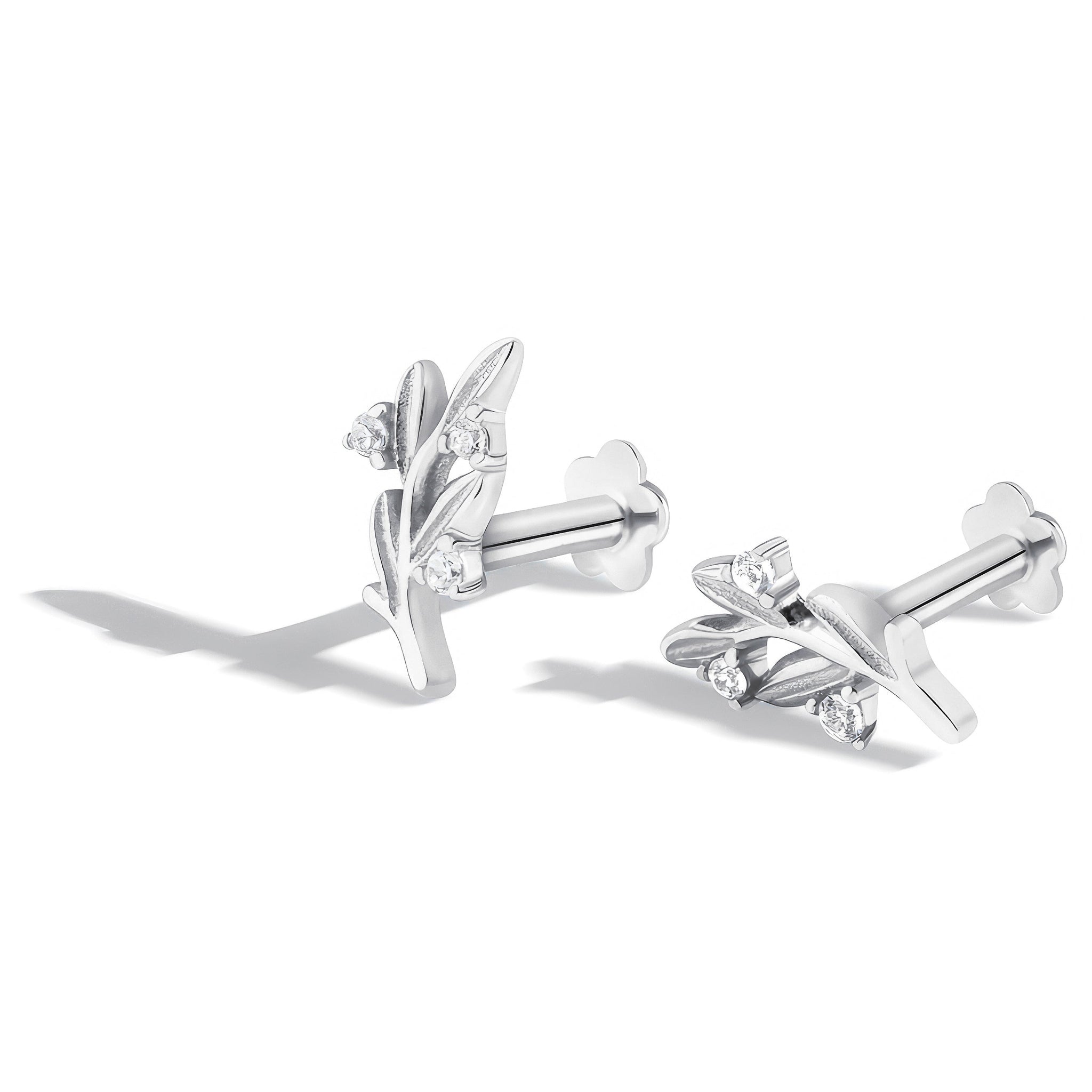 Leaflet Sparkle Flatback Stud Earrings - Silver