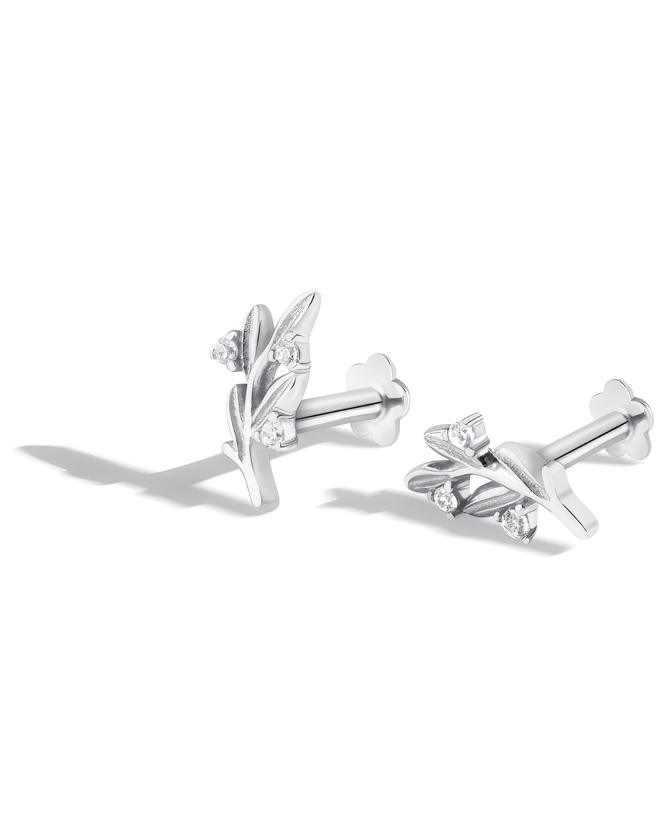 Leaflet Sparkle Flatback Stud Earrings - Silver