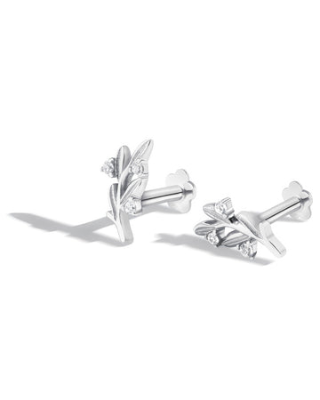 Leaflet Sparkle Flatback Stud Earrings - Silver