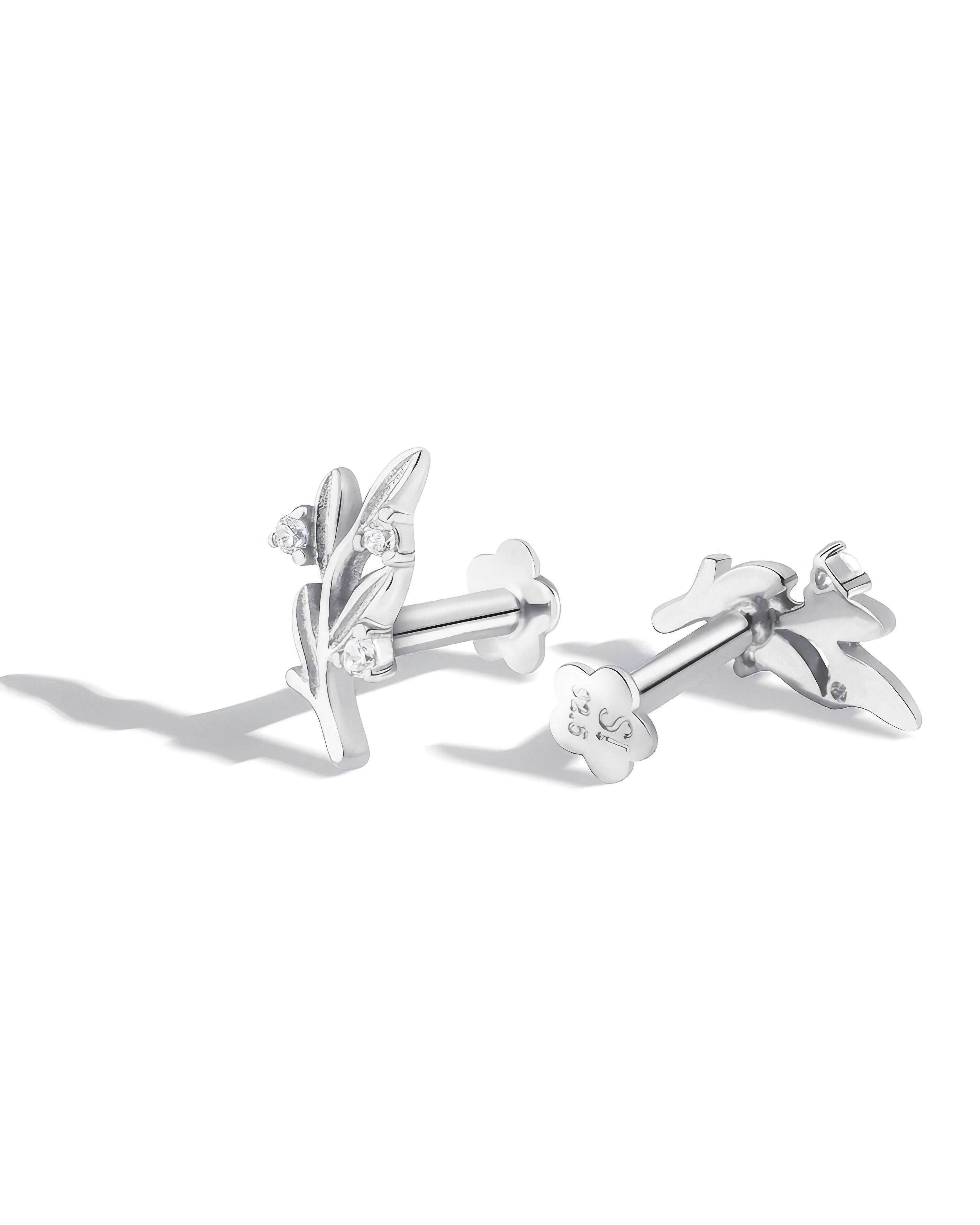 Leaflet Sparkle Flatback Stud Earrings - Silver