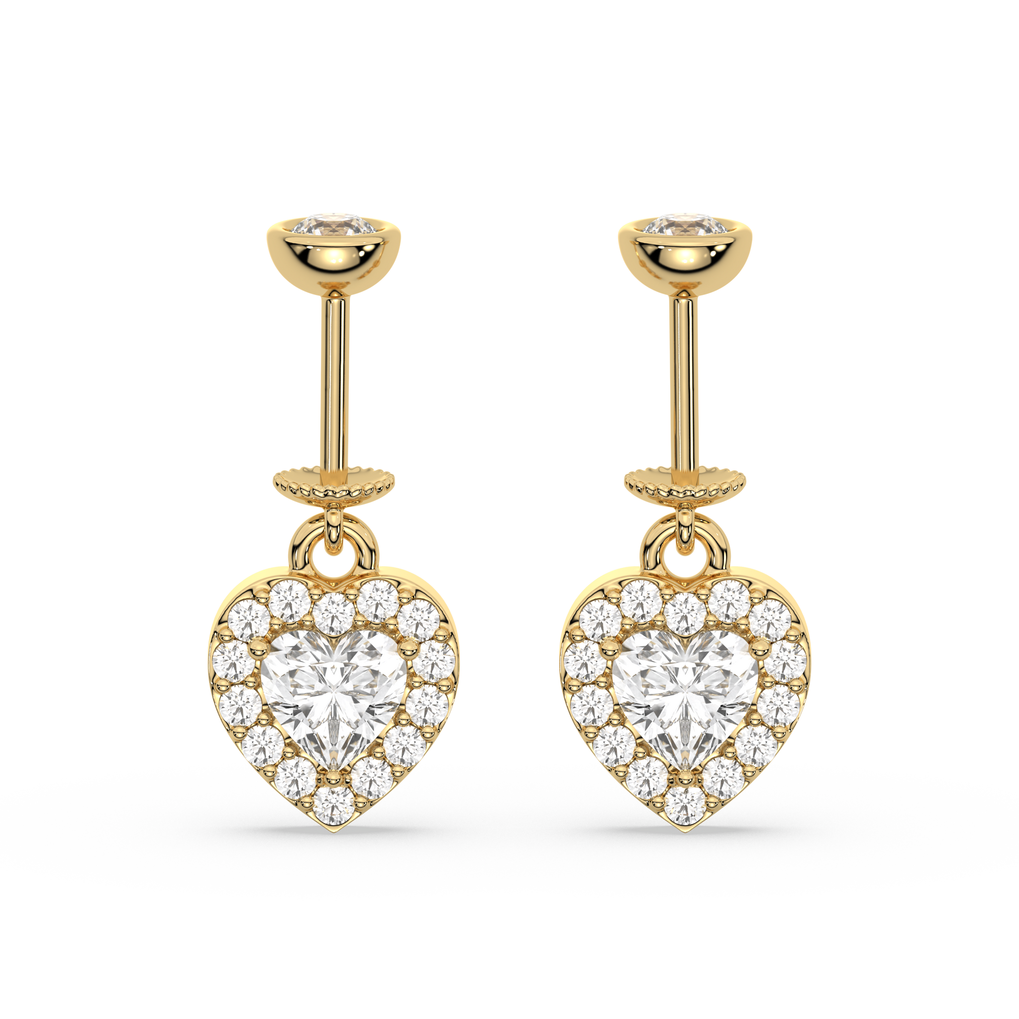 Helix Hanging Solitaire Heart earrings in gold with zircon stones, featuring a heart-shaped drop design for elegant and timeless appeal.