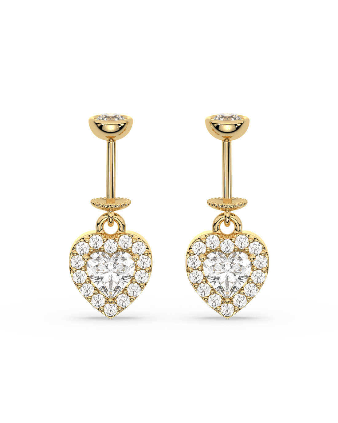 Helix Hanging Solitaire Heart earrings in gold with zircon stones, featuring a heart-shaped drop design for elegant and timeless appeal.