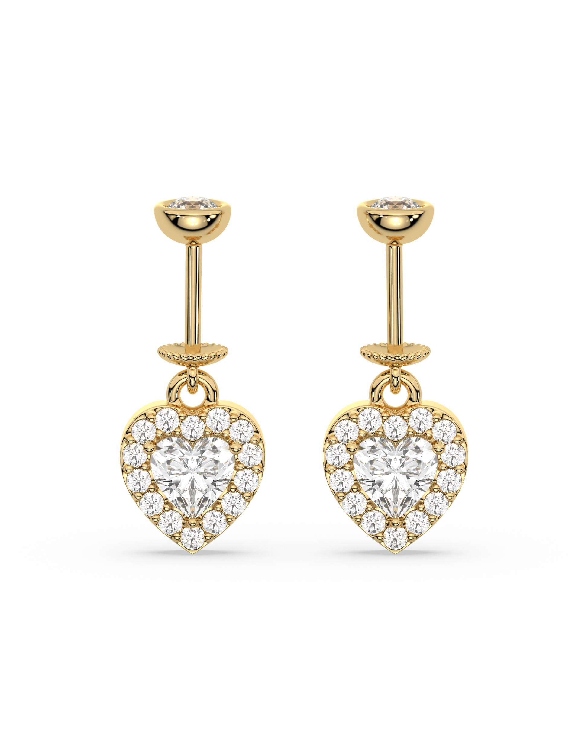 Helix Hanging Solitaire Heart earrings in gold with zircon stones, featuring a heart-shaped drop design for elegant and timeless appeal.