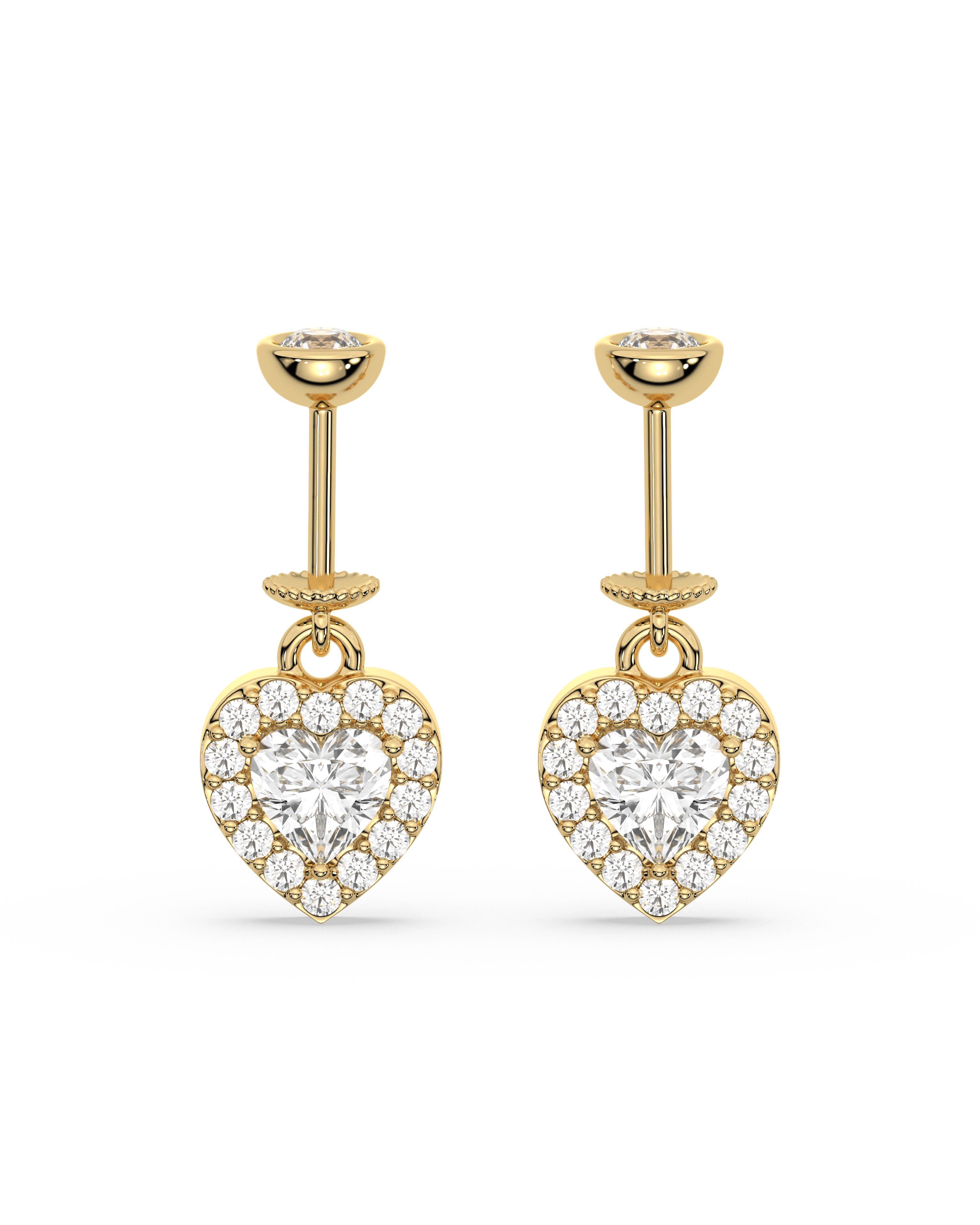 Helix Hanging Solitaire Heart earrings in gold with zircon stones, featuring a heart-shaped drop design for elegant and timeless appeal.