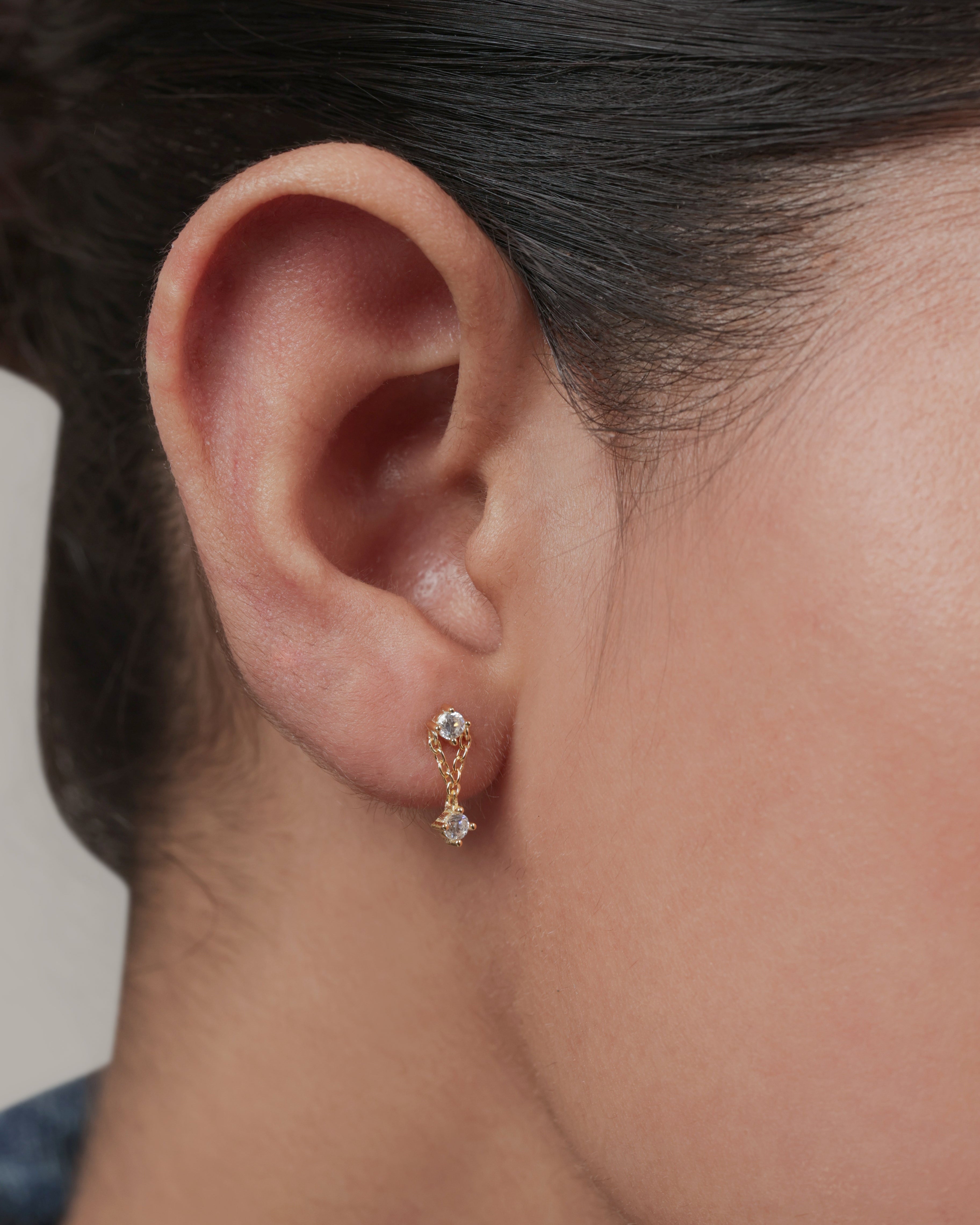 Zirconia Duo Chain Drop Flat Back Stud Earrings