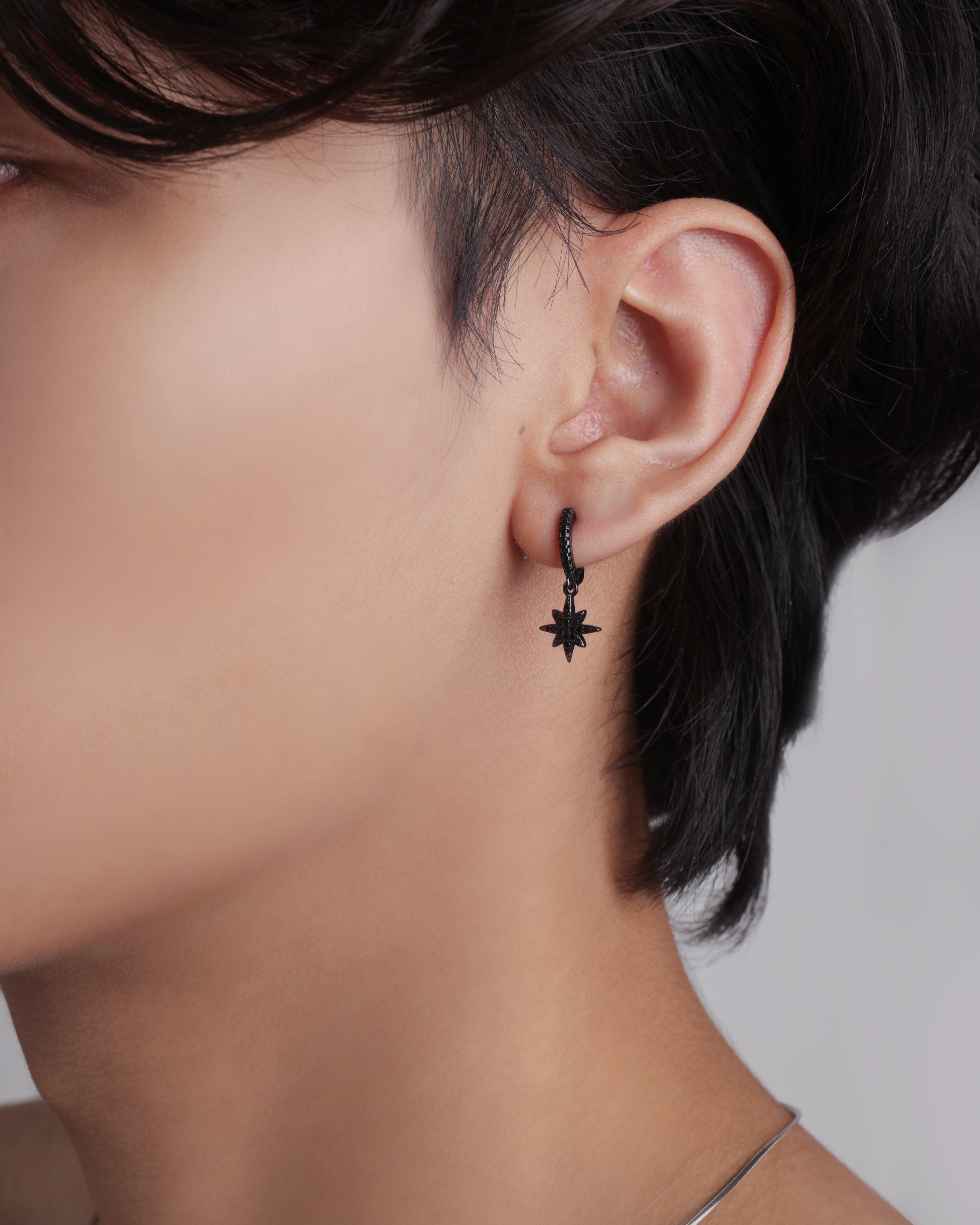 Celestial Black Zirconia Star Hoop Men's Earrings