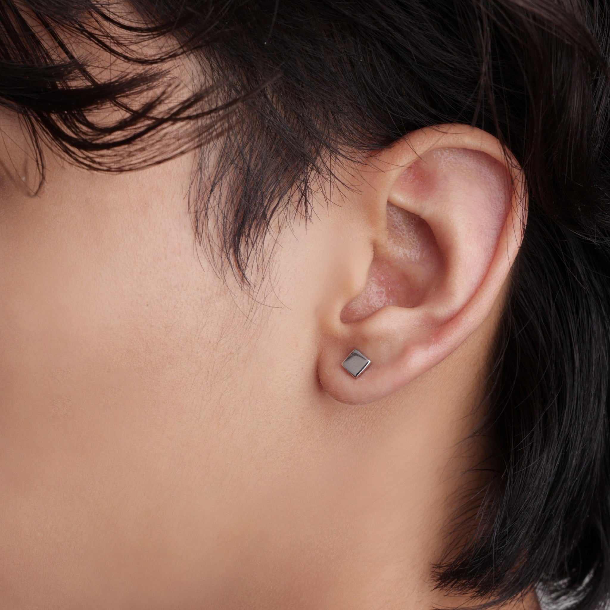 Silver Geometric Square Stud Men's Earrings