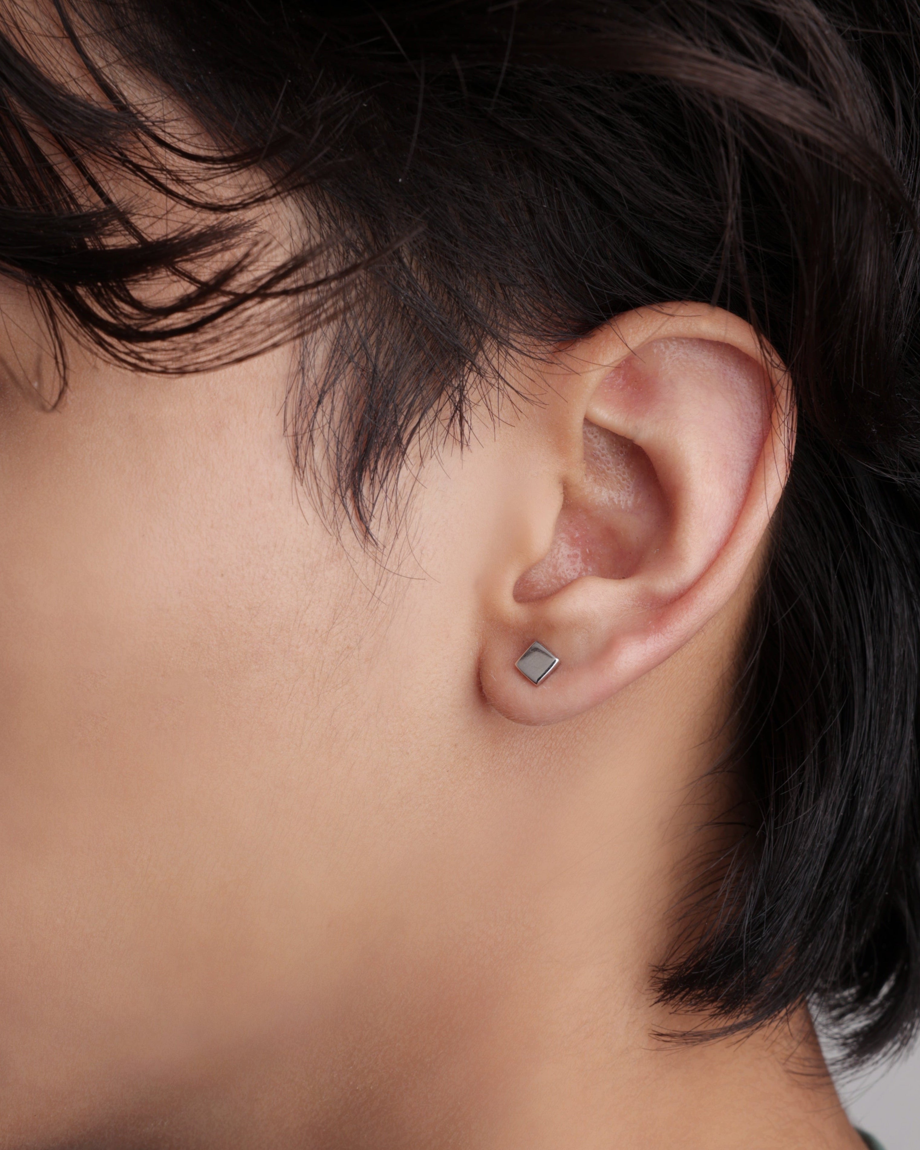 Silver Geometric Square Stud Men's Earrings