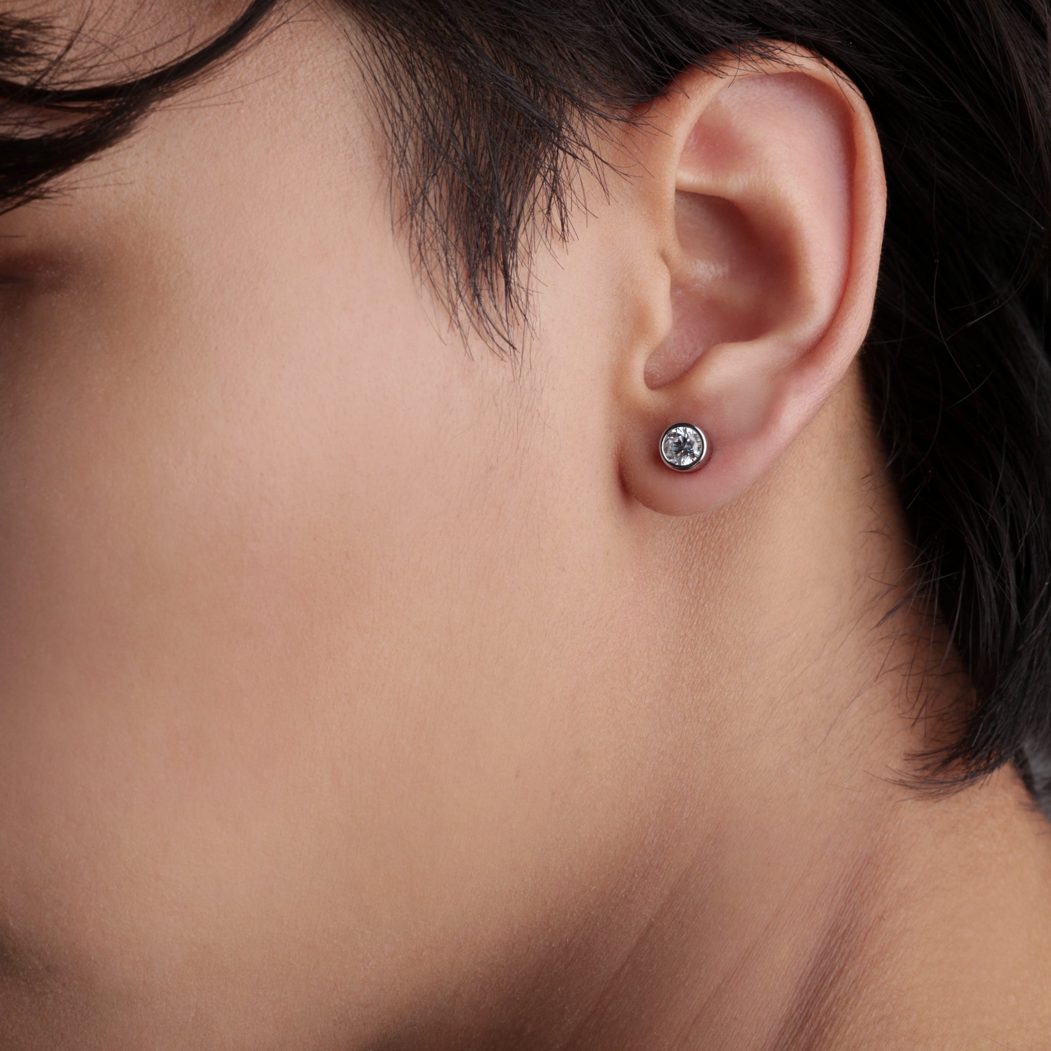 Silver Bezel Mid Size 5MM Stud Earrings For Men's