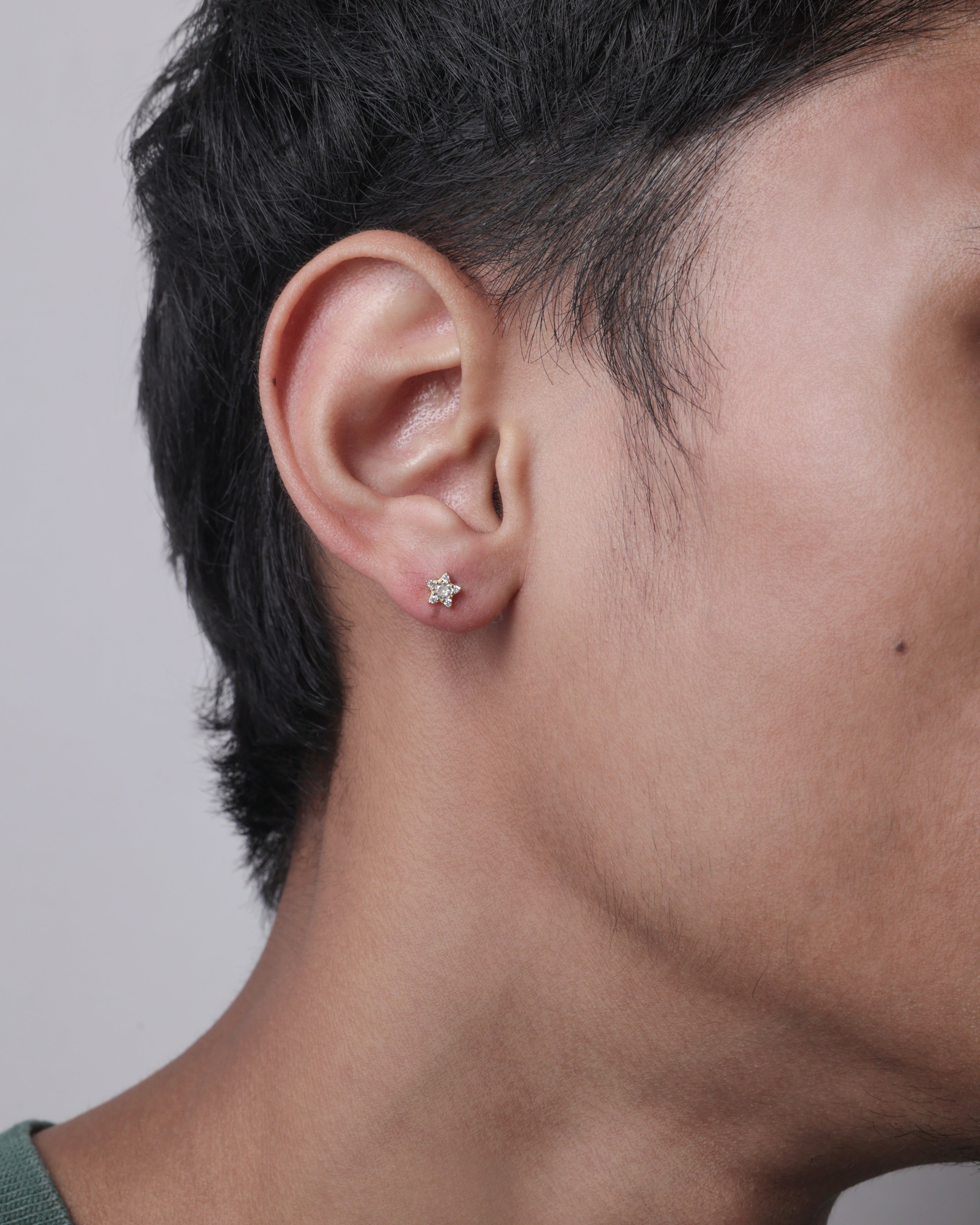 Stellar Star Silver Flatback Stud Men's Earrings ( Gold Plated )