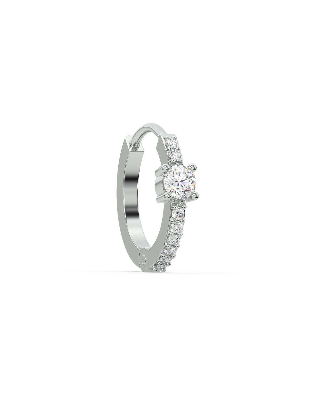 Side view of Solitaire Zirconia Hoop earrings in 92.5 silver showcasing a central zirconia stone and a sleek hoop design.