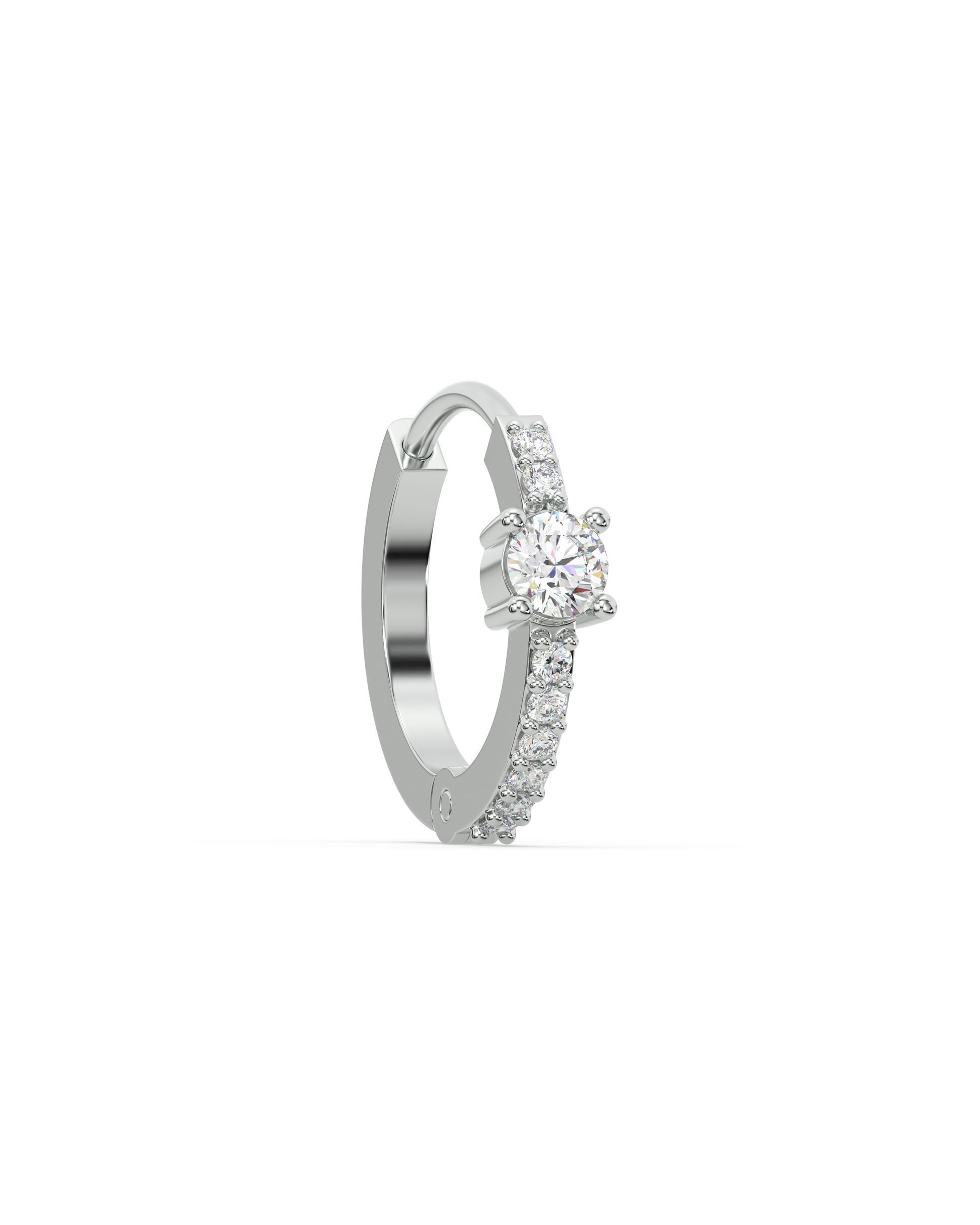 Side view of Solitaire Zirconia Hoop earrings in 92.5 silver showcasing a central zirconia stone and a sleek hoop design.