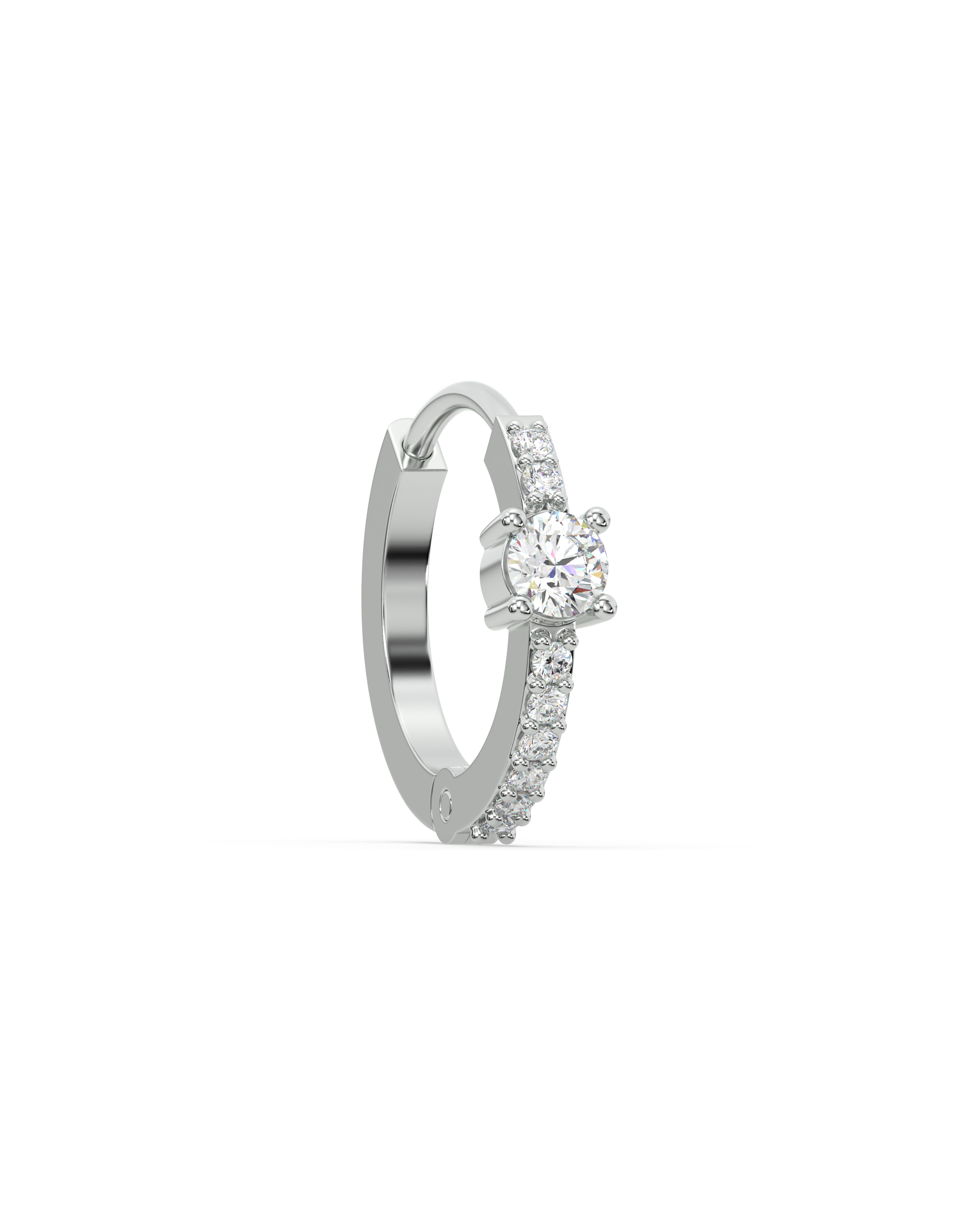 Side view of Solitaire Zirconia Hoop earrings in 92.5 silver showcasing a central zirconia stone and a sleek hoop design.