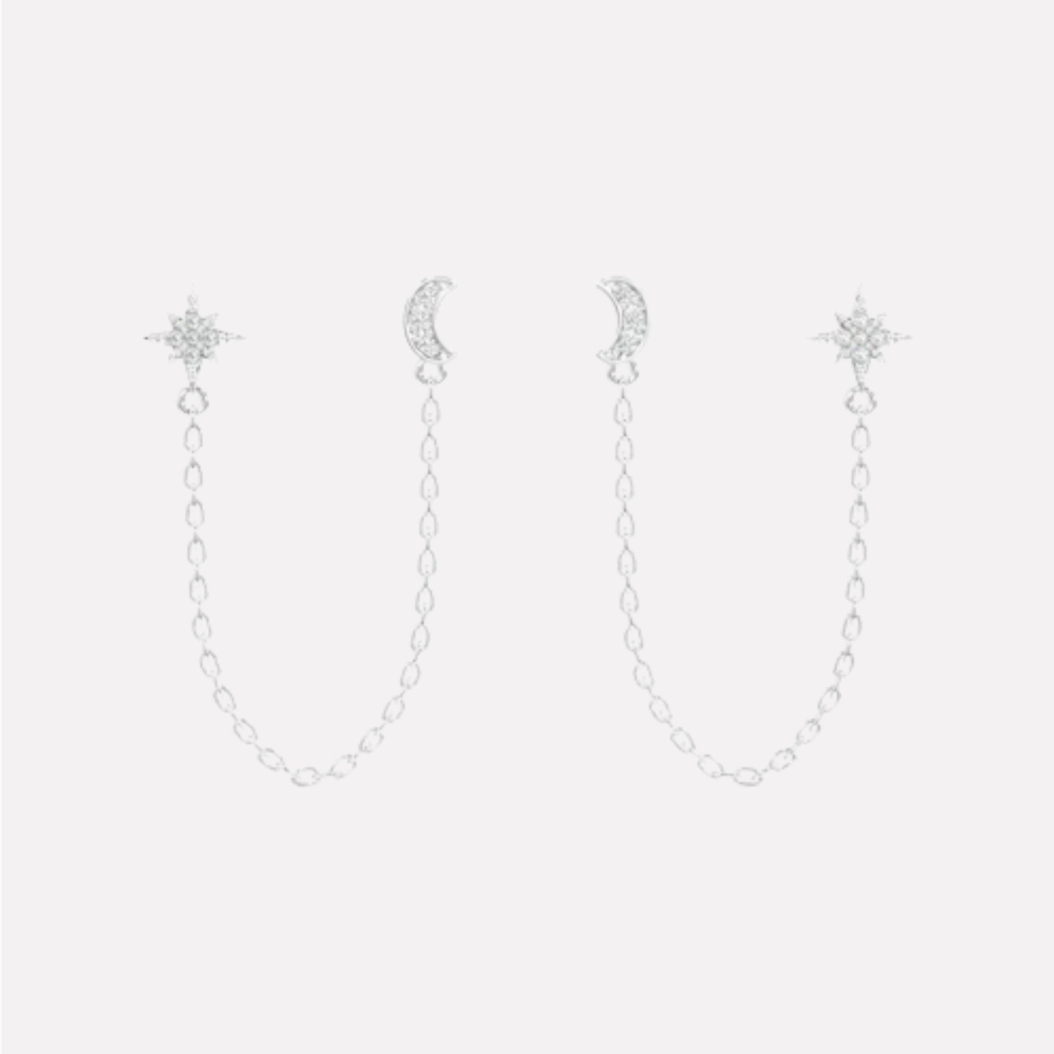 Moon Star Zirconia Connector Chain Earrings