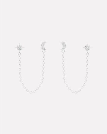 Moon Star Zirconia Connector Chain Earrings