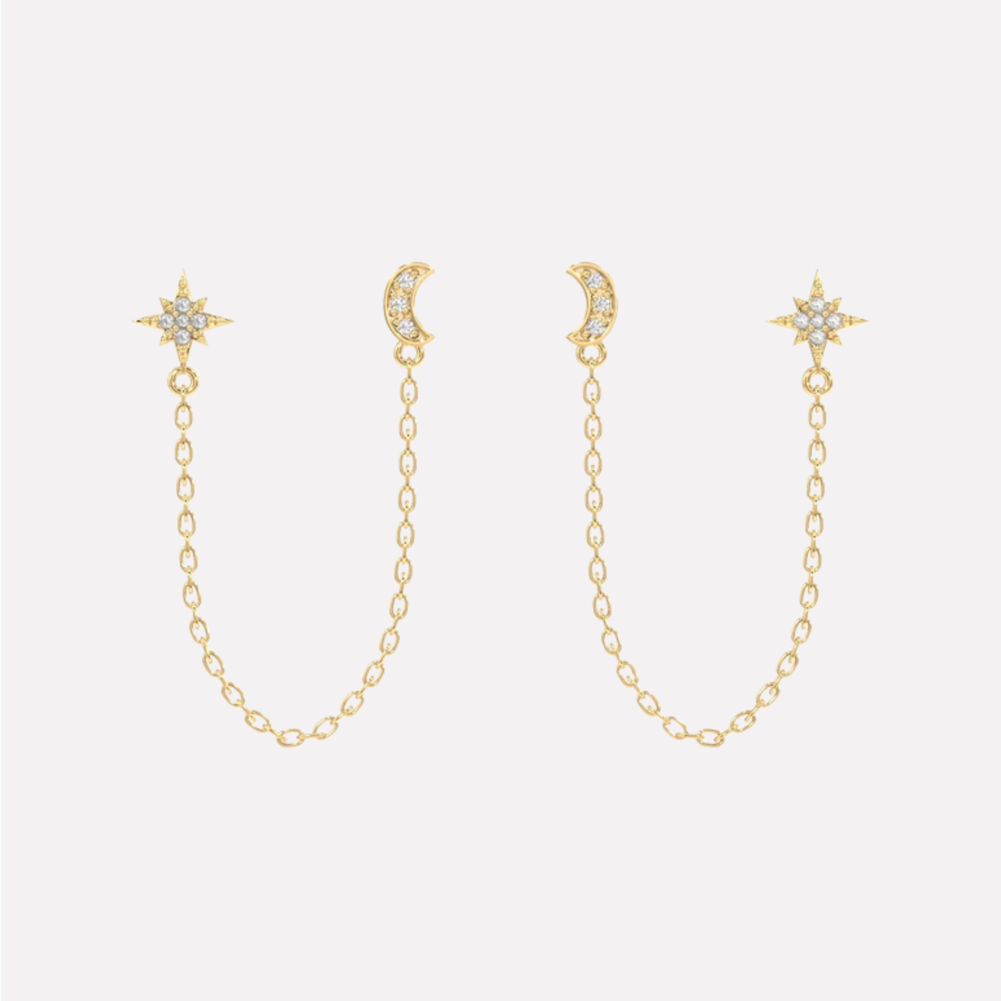 Moon Star Zirconia Connector Chain Earrings