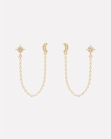 Moon Star Zirconia Connector Chain Earrings