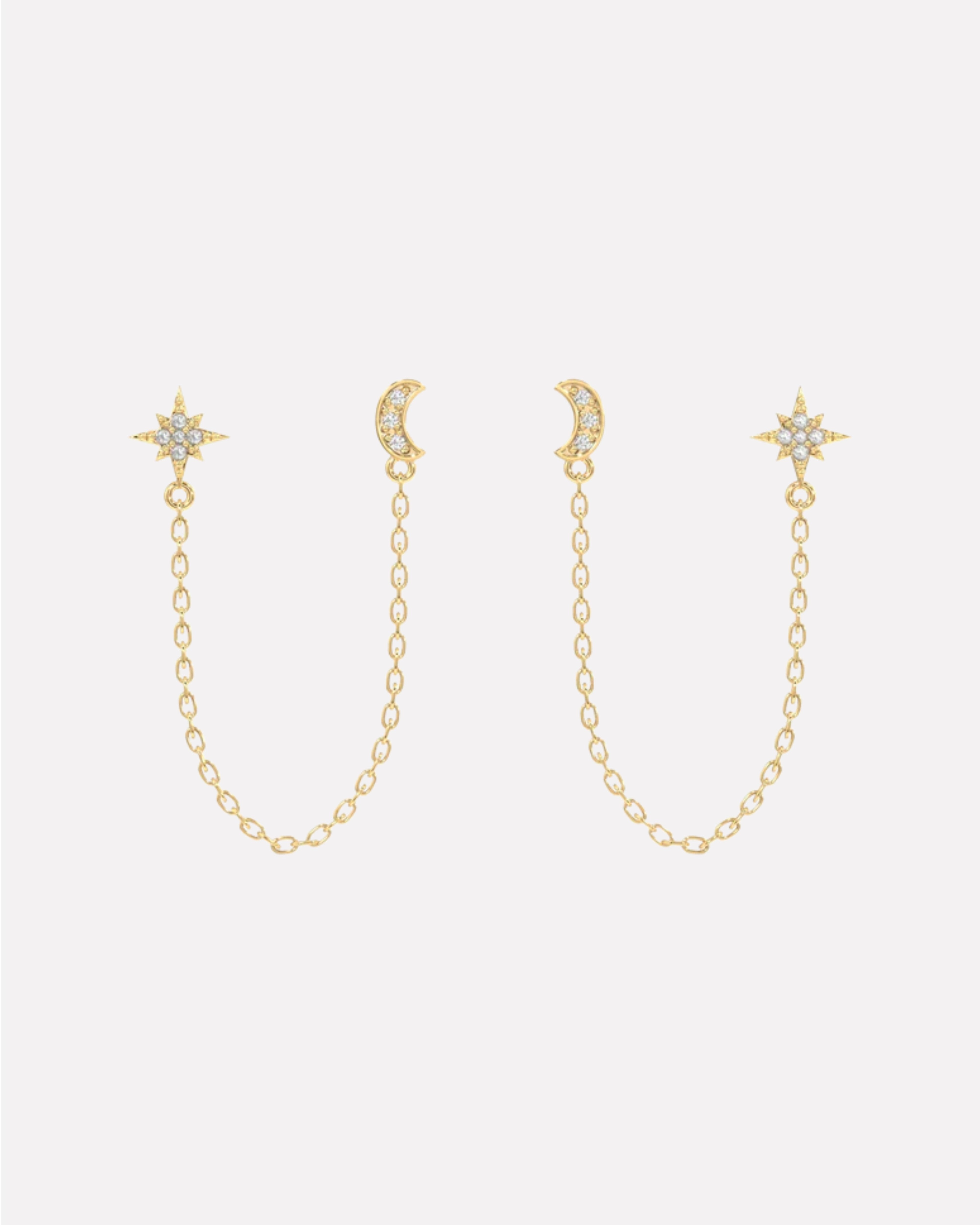 Moon Star Zirconia Connector Chain Earrings