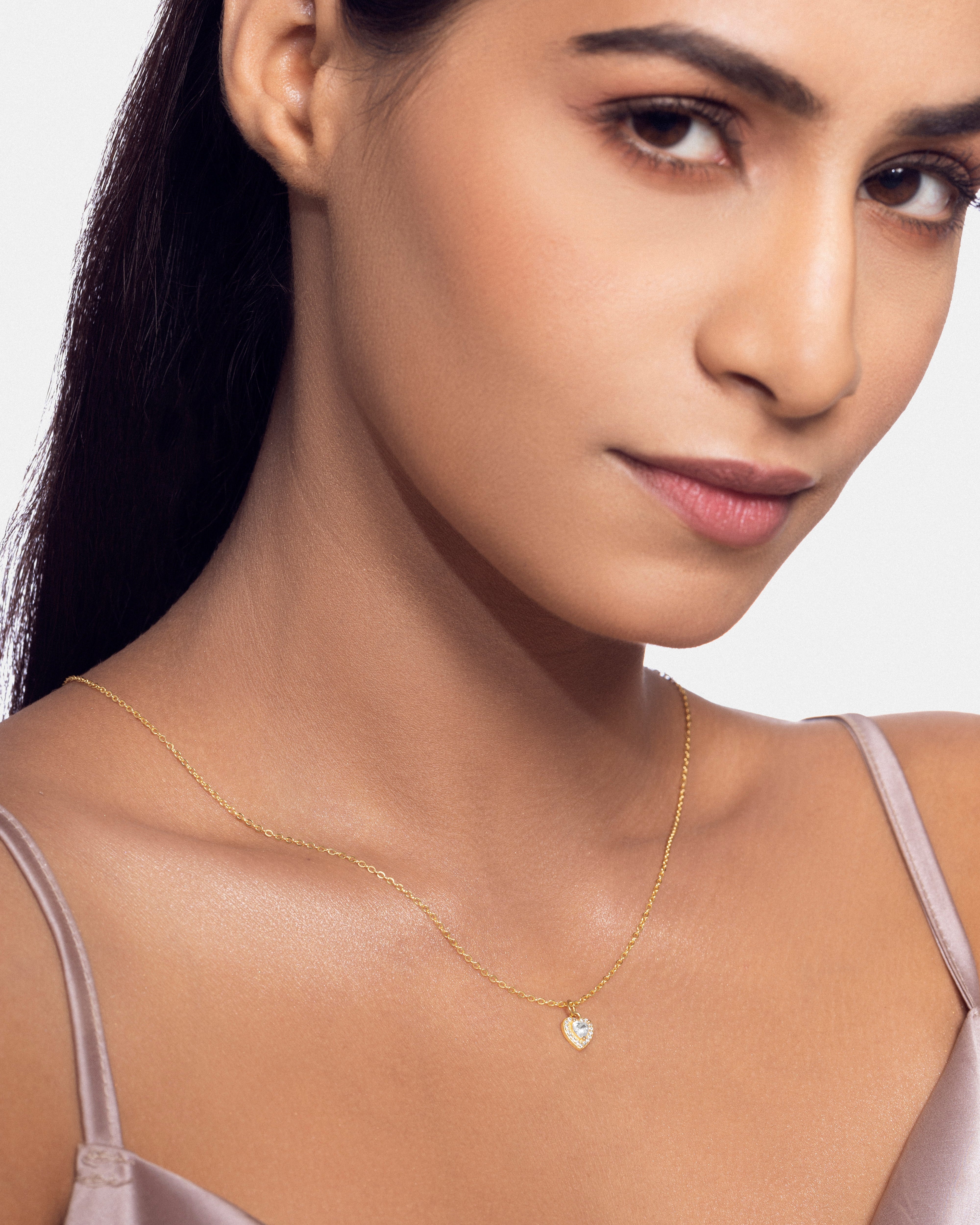 Solitaire Heart Charm Necklace - 18K Gold Plated
