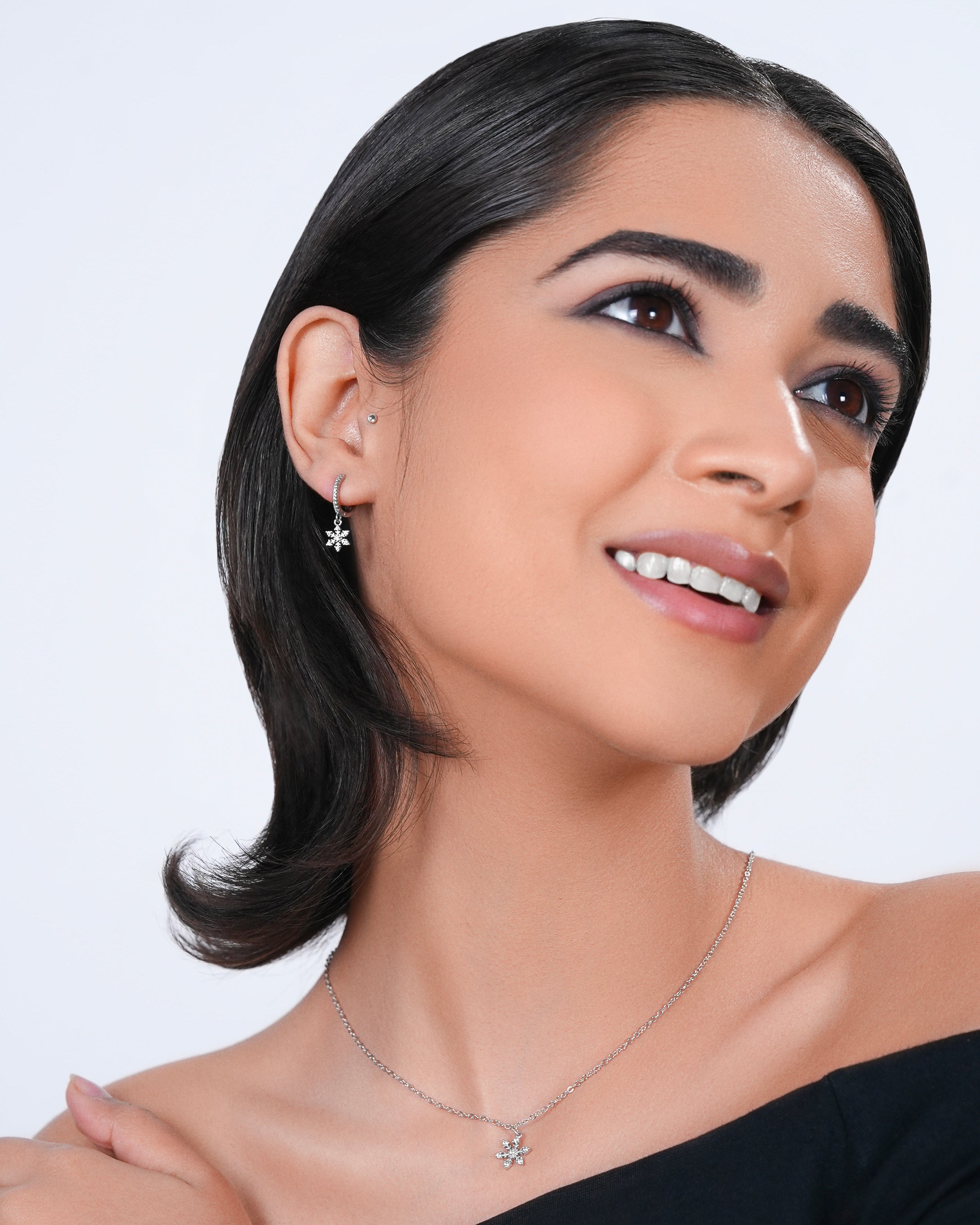 Minimal Snowflake Charm Hoops Earrings