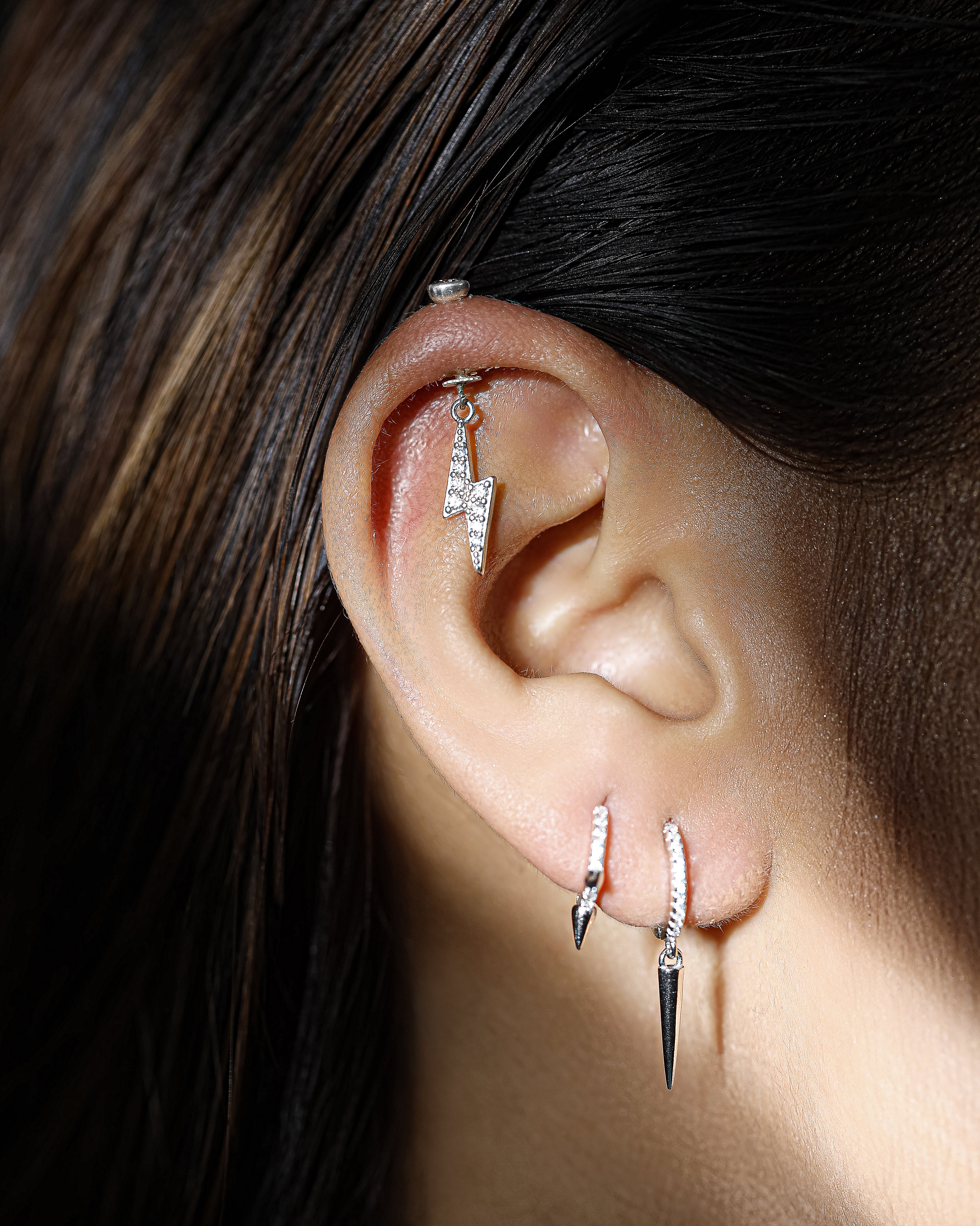 Zircon Studded Thunder Screw Helix Hanging Earrings
