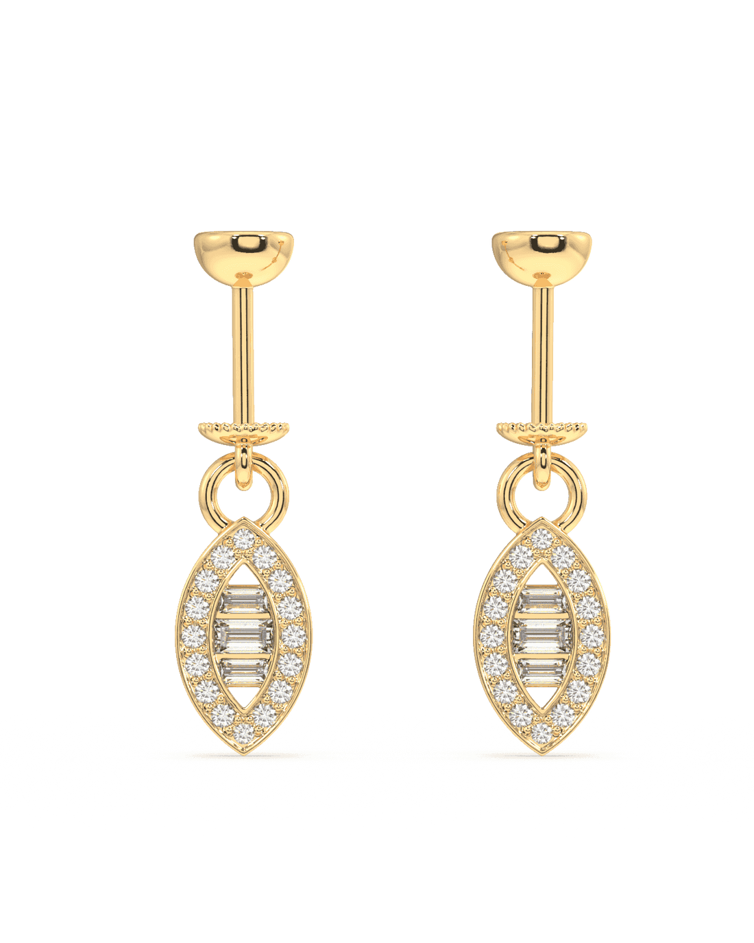 Ellipse Helix Earrings with baguette stones and pavé accents in 14k gold plating. Elegant hanging charms for a refined, modern ear style.