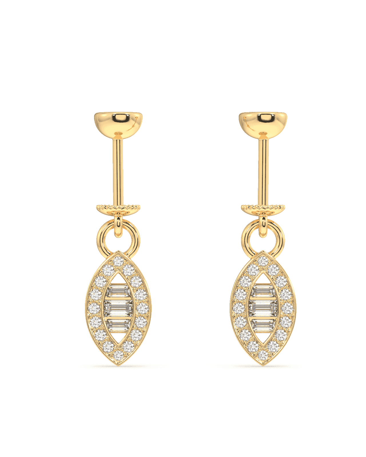 Ellipse Helix Earrings with baguette stones and pavé accents in 14k gold plating. Elegant hanging charms for a refined, modern ear style.