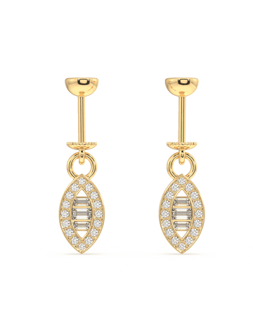 Ellipse Helix Earrings with baguette stones and pavé accents in 14k gold plating. Elegant hanging charms for a refined, modern ear style.