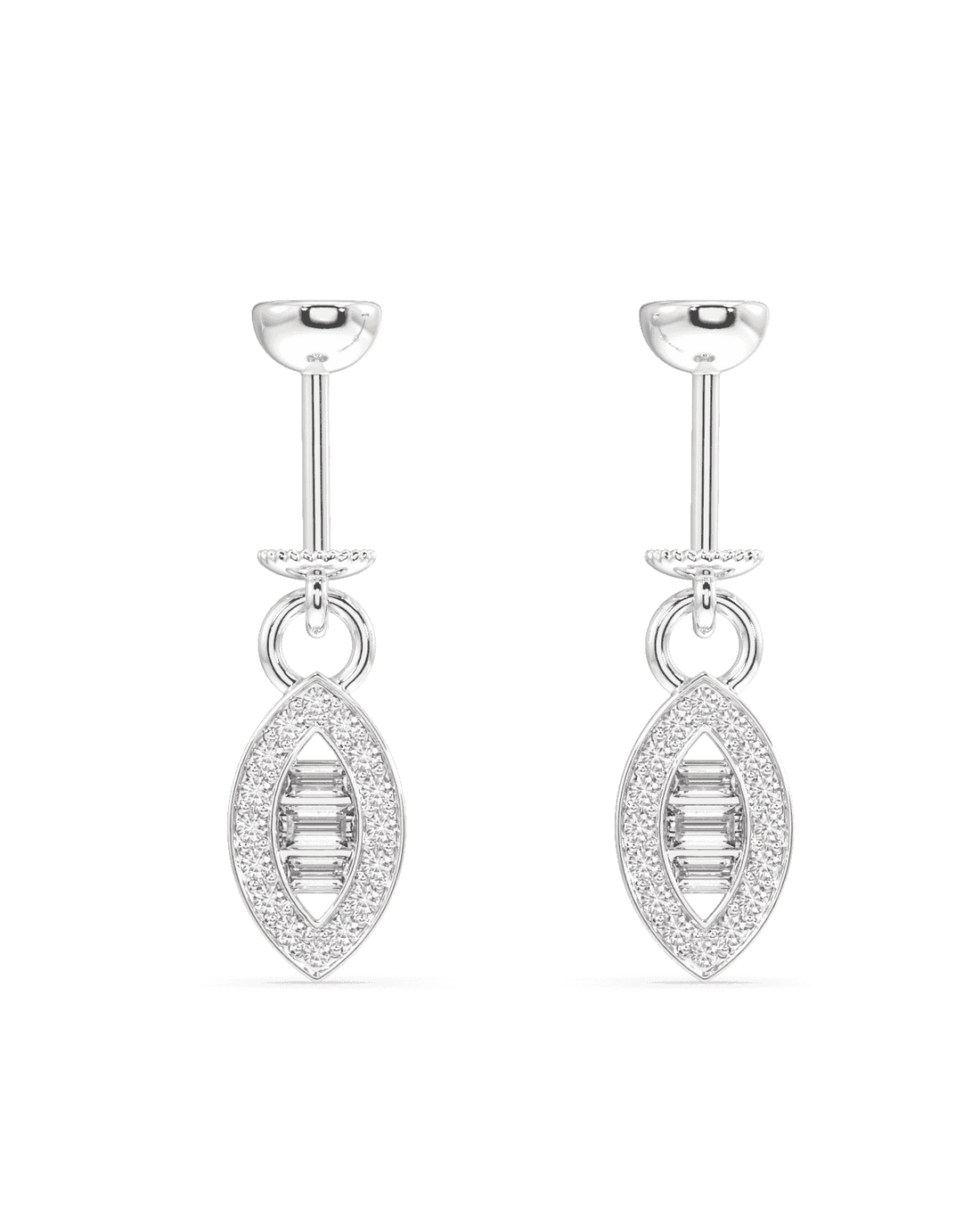 Baguette stone earrings in ellipse helix design with silver screw-back hanging charm, featuring a sparkling pavé finish for a sophisticated look.