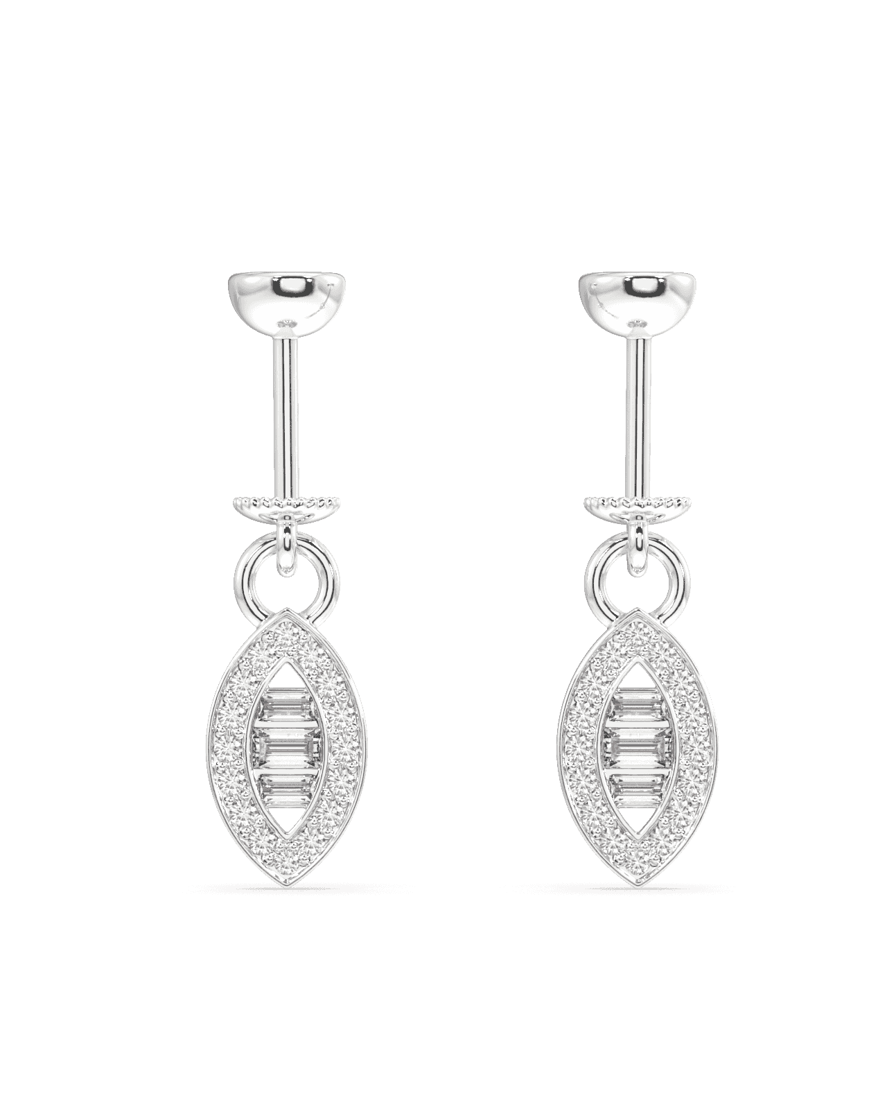 Baguette stone earrings in ellipse helix design with silver screw-back hanging charm, featuring a sparkling pavé finish for a sophisticated look.