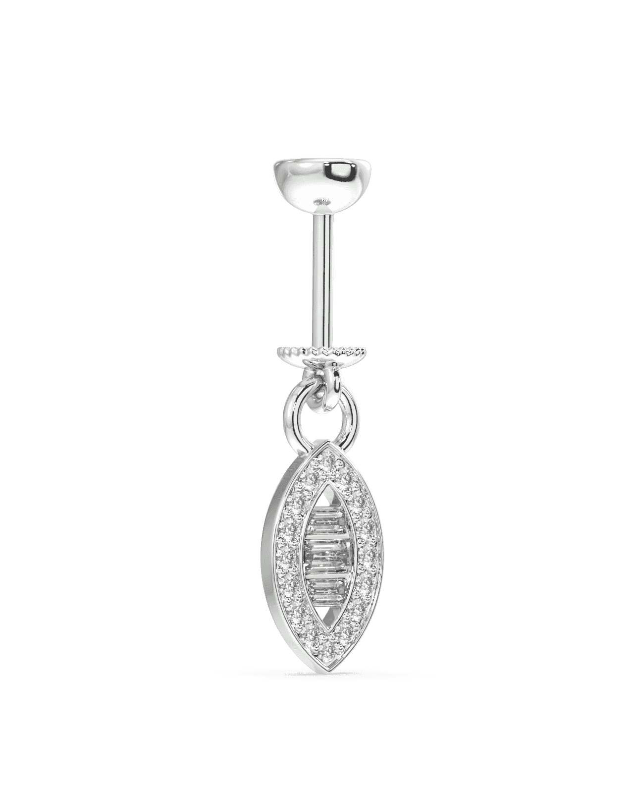 Close-up of single silver ellipse helix earring with baguette stone pavé detailing, designed as a screw-back hanging charm for modern elegance.