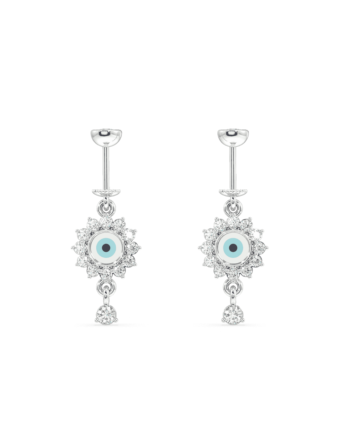 Helix Hanging - Enamel Eye Earring in blue and white with sterling silver finish, featuring a central evil eye design and sparkling crystal accents.