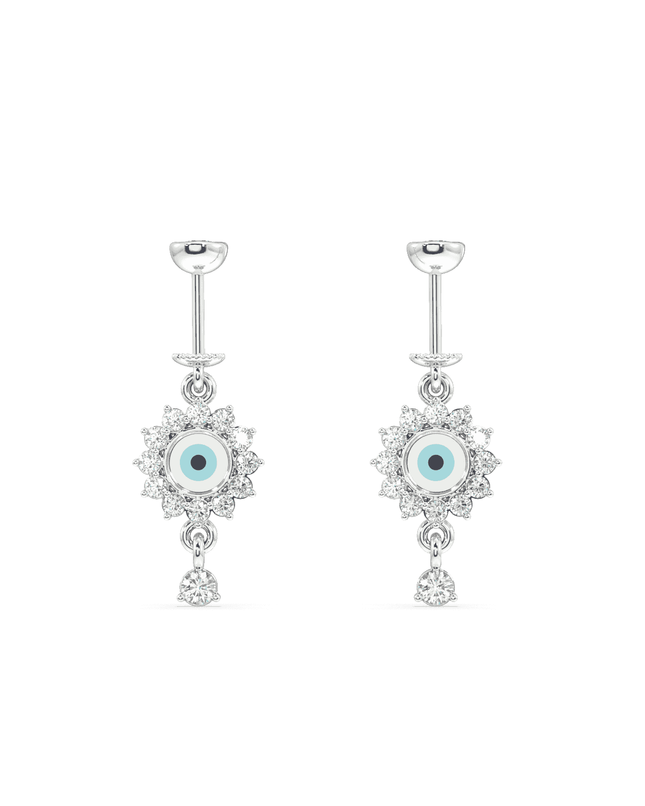 Helix Hanging - Enamel Eye Earring in blue and white with sterling silver finish, featuring a central evil eye design and sparkling crystal accents.