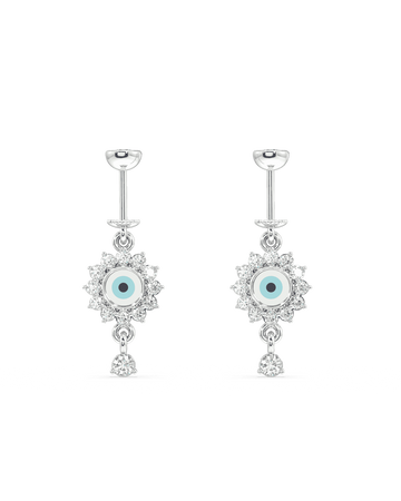 Helix Hanging - Enamel Eye Earring in blue and white with sterling silver finish, featuring a central evil eye design and sparkling crystal accents.