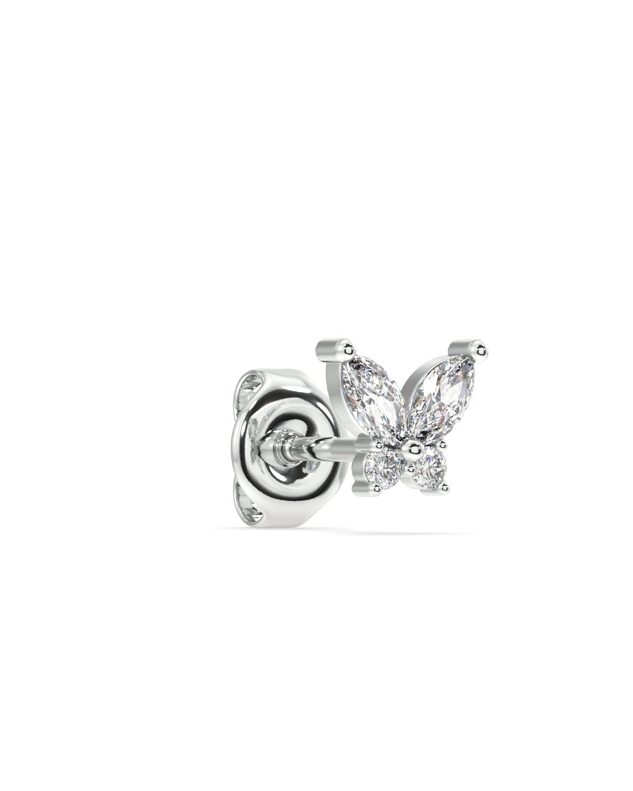 "Rhodium-Plated Butterfly Studs - Side Profile of Earrings"