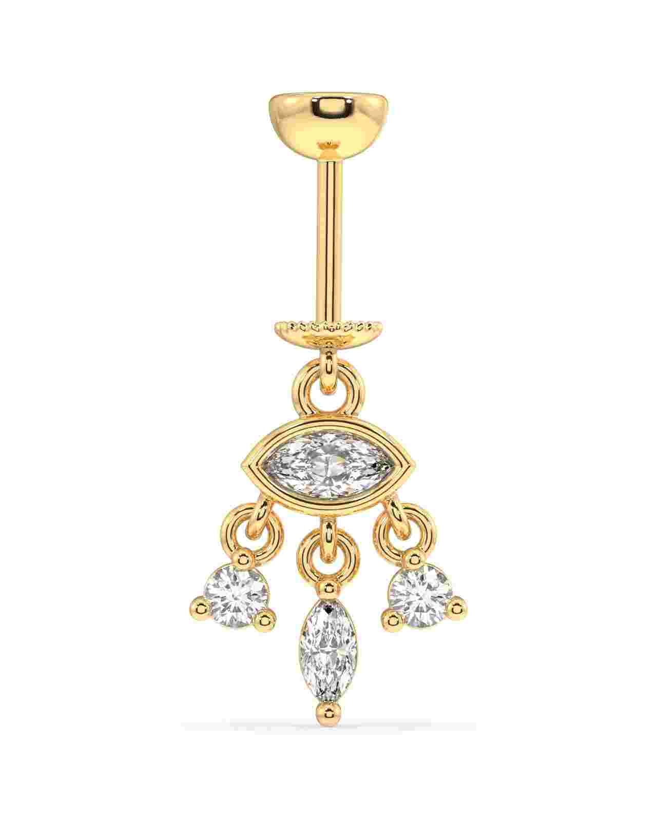 Helix Hanging Eye Earring with zircon stones in marquise and round cuts, crafted in 14k gold-plated finish for a luxurious piercing look.