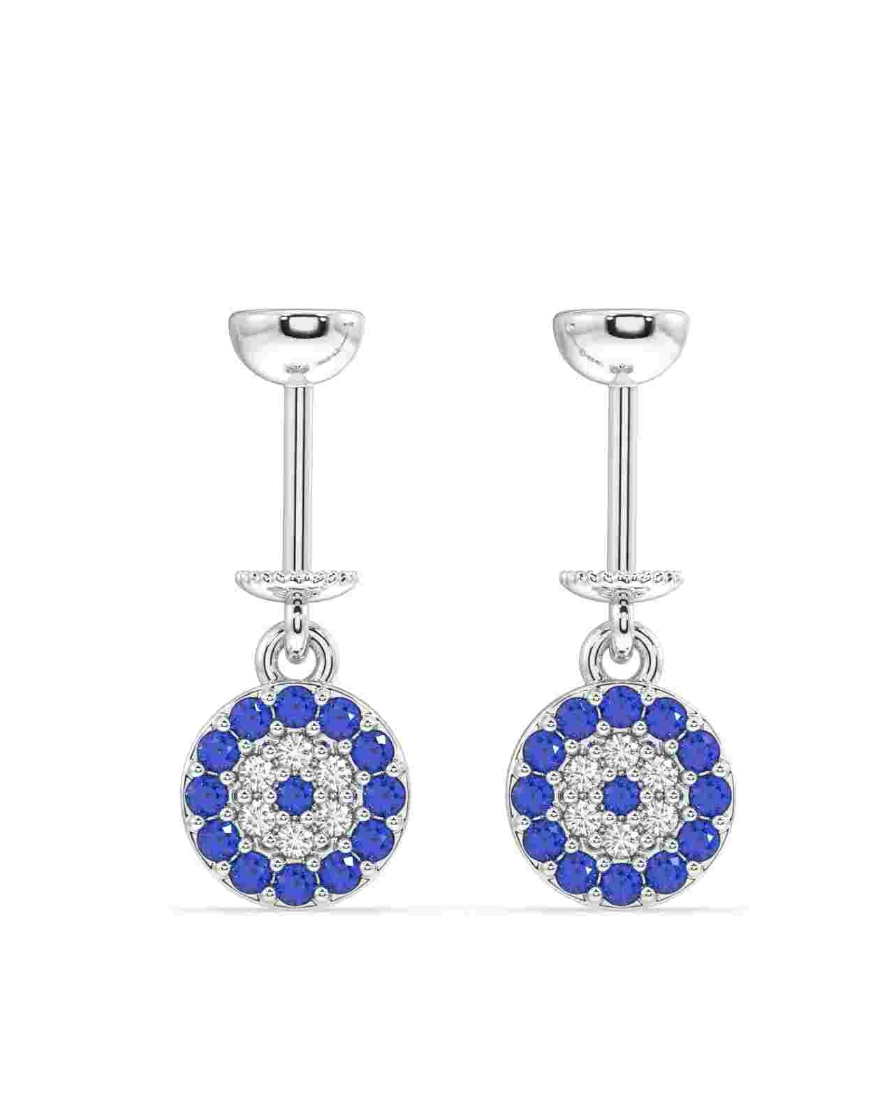 Pair of Hamsa Helix Hanging - Turkish Blue Hamsa earrings with blue stones and zircon pave, ideal for helix piercings and luxury styling.