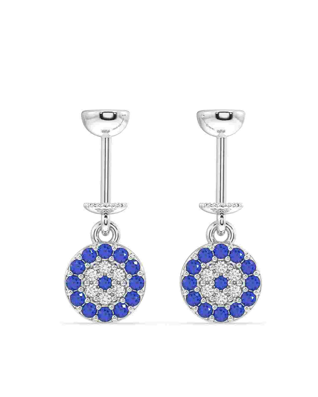 Pair of Hamsa Helix Hanging - Turkish Blue Hamsa earrings with blue stones and zircon pave, ideal for helix piercings and luxury styling.