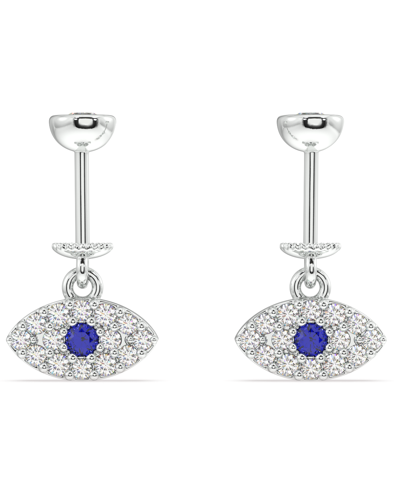Zirconia Small Evil Eye Earrings - Versatile Style | Hanging Pair in sterling silver with blue center stones and pavé zirconia, shown on white background.
